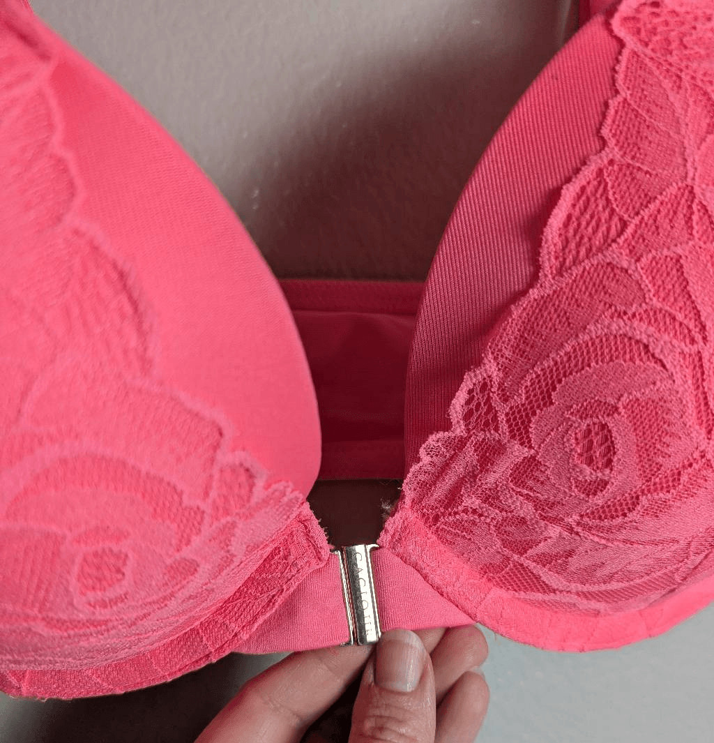 Cacique Hot Pink melon salmon lace boost plunge push up front close bra 44B