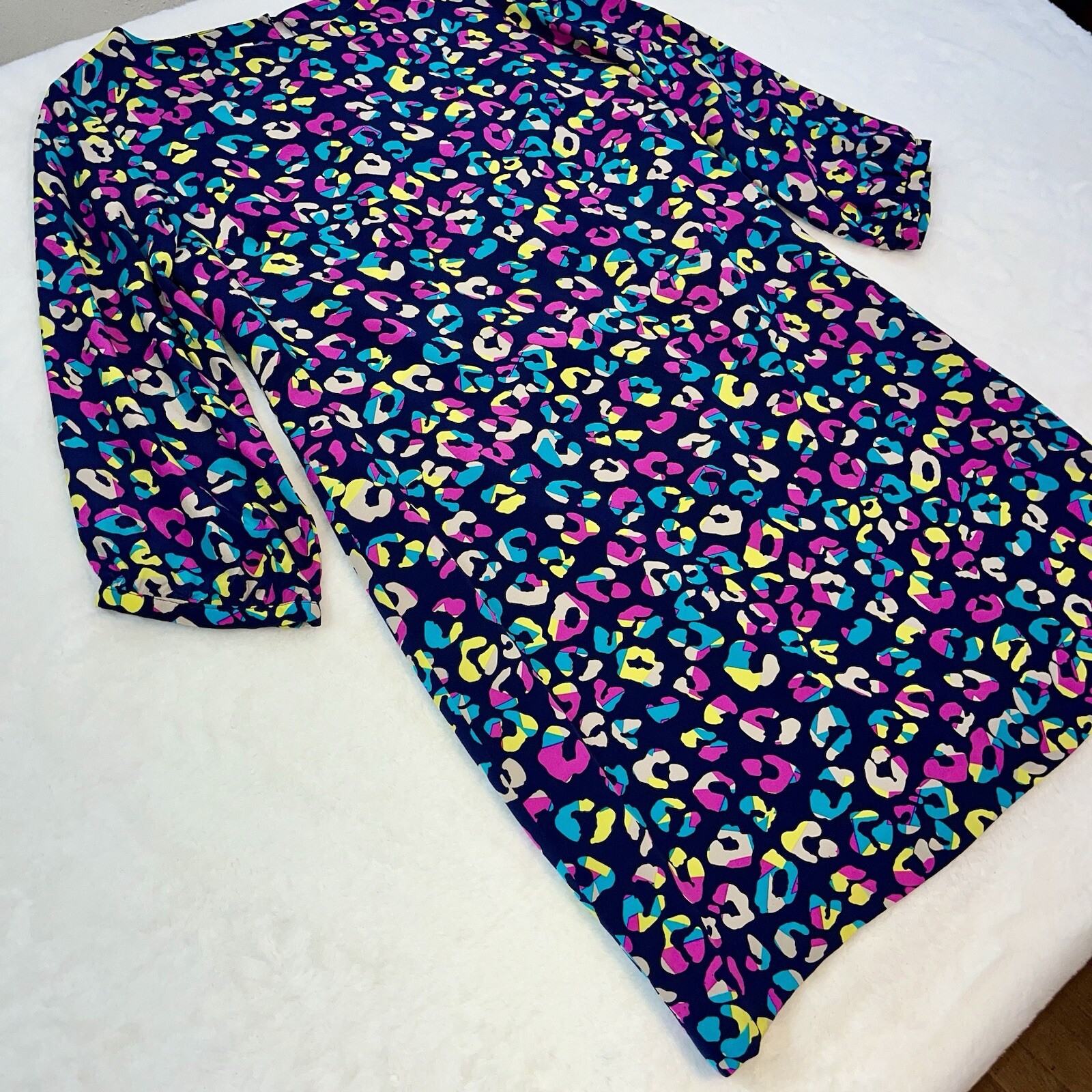 Britt Ryan Shift Dress Sz L Navy Leopard Multicolor 3/4 Slv 100% Silk Made In US