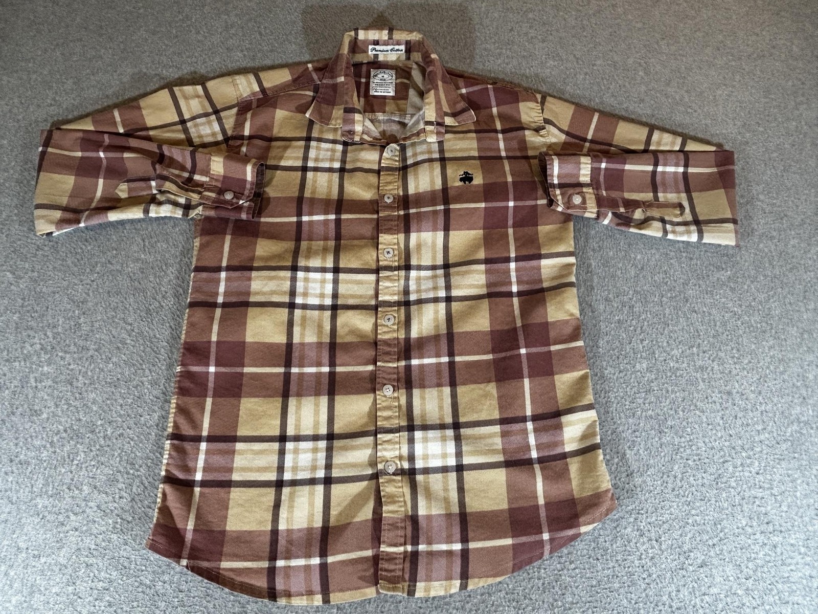 Brooks Brothers Shirt Men Medium Brown Plaid Button Non Iron Stretch Regent Fit