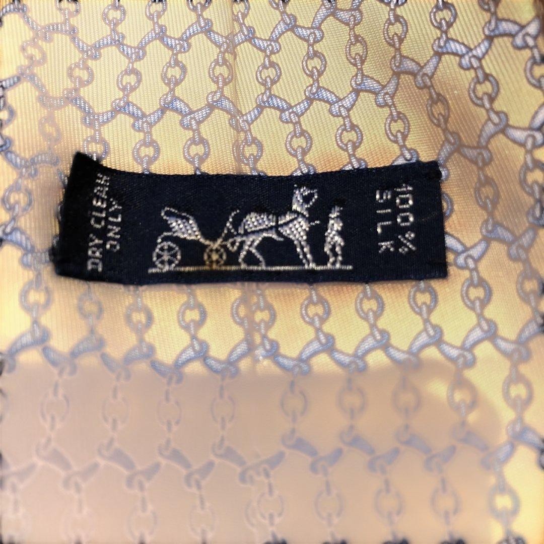 HERMES Silk 100% Necktie Chain Pattern Yellow Blue Gray 9cm New