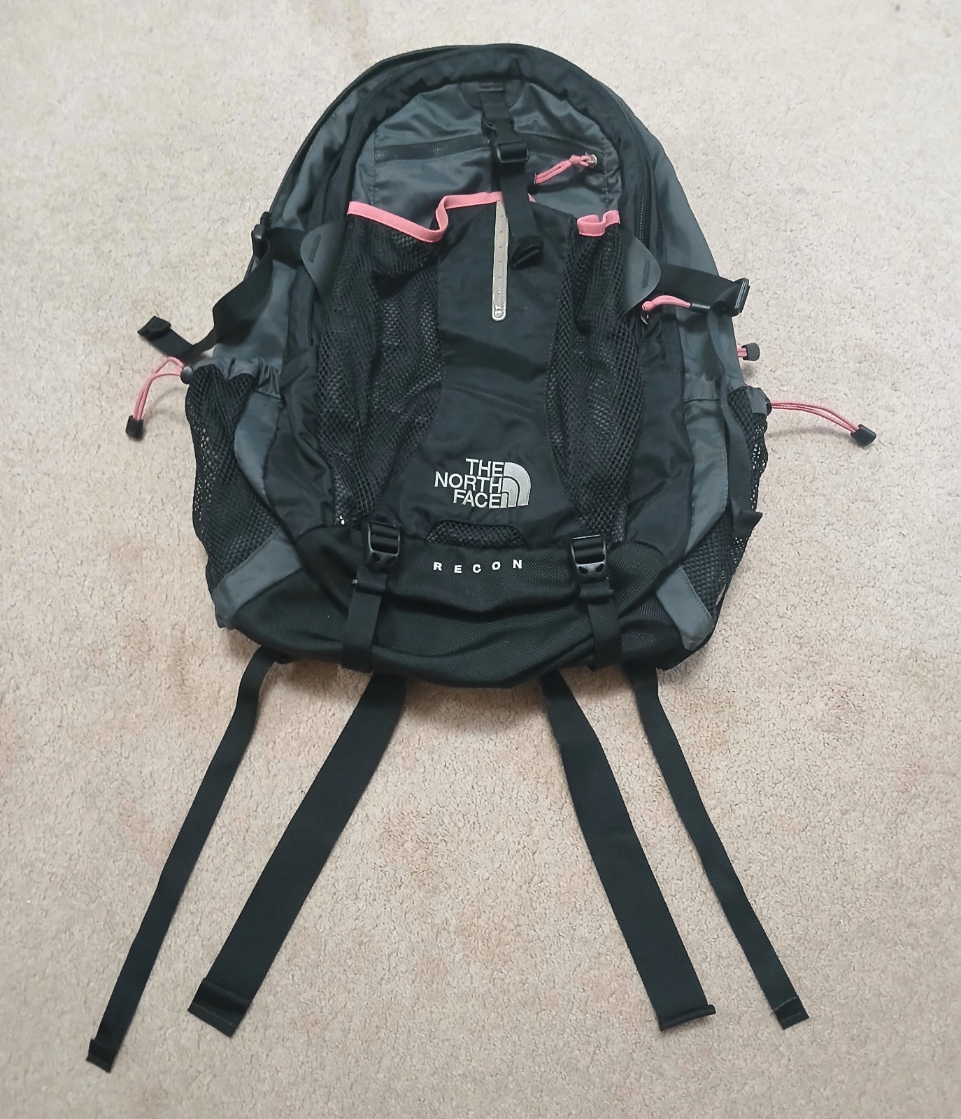 The North Face Recon Backpack Black/Grey/Pink Laptop Divider Hiking 2 Straps