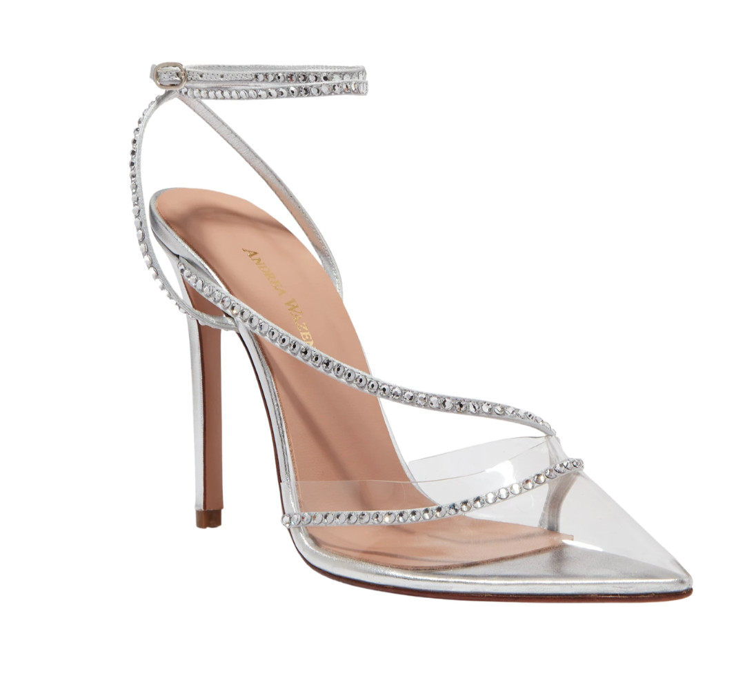 Andrea Wazen Dassy Sunset Silver Metallic Crystal Strappy Heels EU 39.5 New