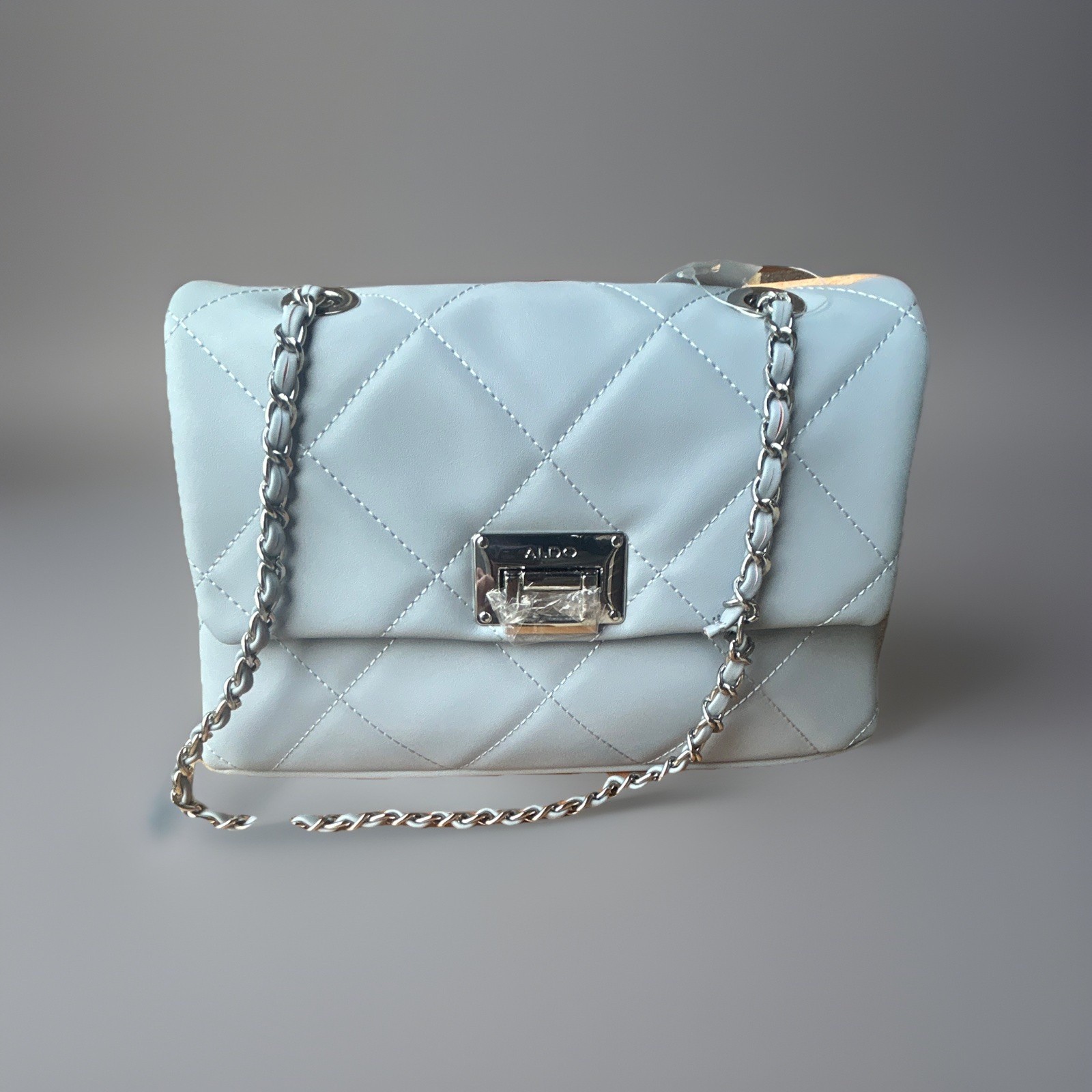 ALDO Light Blue Quilted Shoulder Bag, Chain Strap, Turn Lock, Pockets