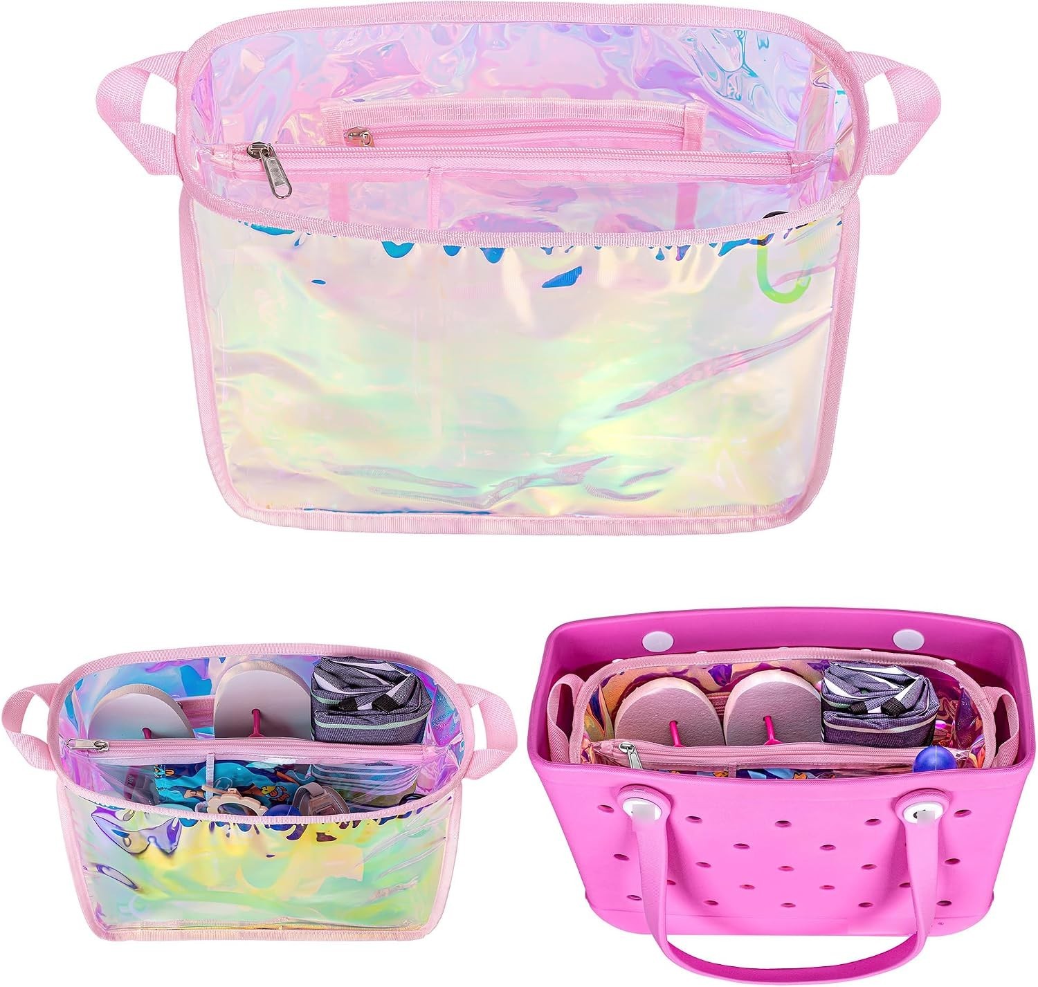 Iridescent Waterproof Beach Bag Organizer Insert for Bogg Bag – Pink 12.4×10.2in