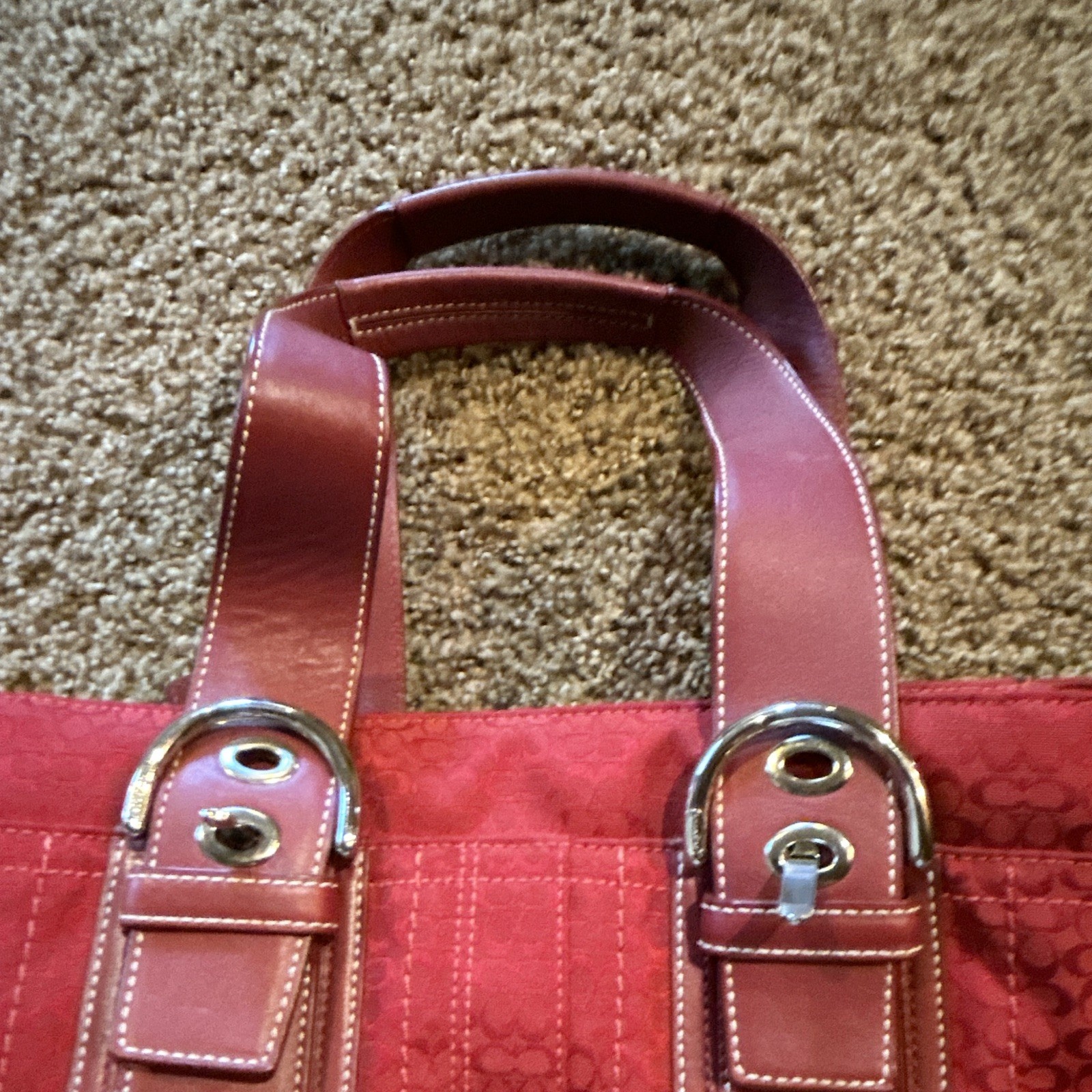 Coach Red Signature Logo Small Satchel Top Handle Purse Double Handles