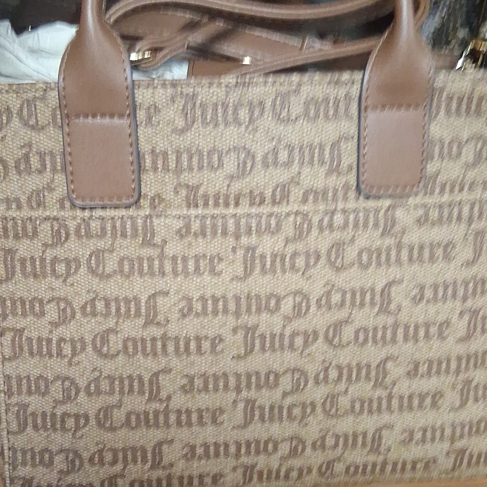 Juicy Couture Beige Brown Logo Print Satchel Top Handle Crossbody Detachable