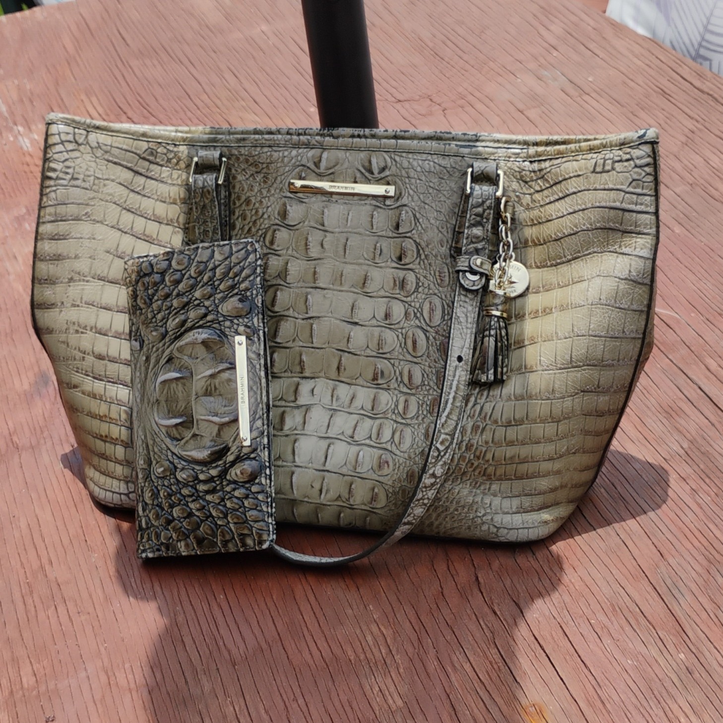 Brahmin Melbourne Crocodile Embossed Gray Shoulder Bag Zip Tassel Charm
