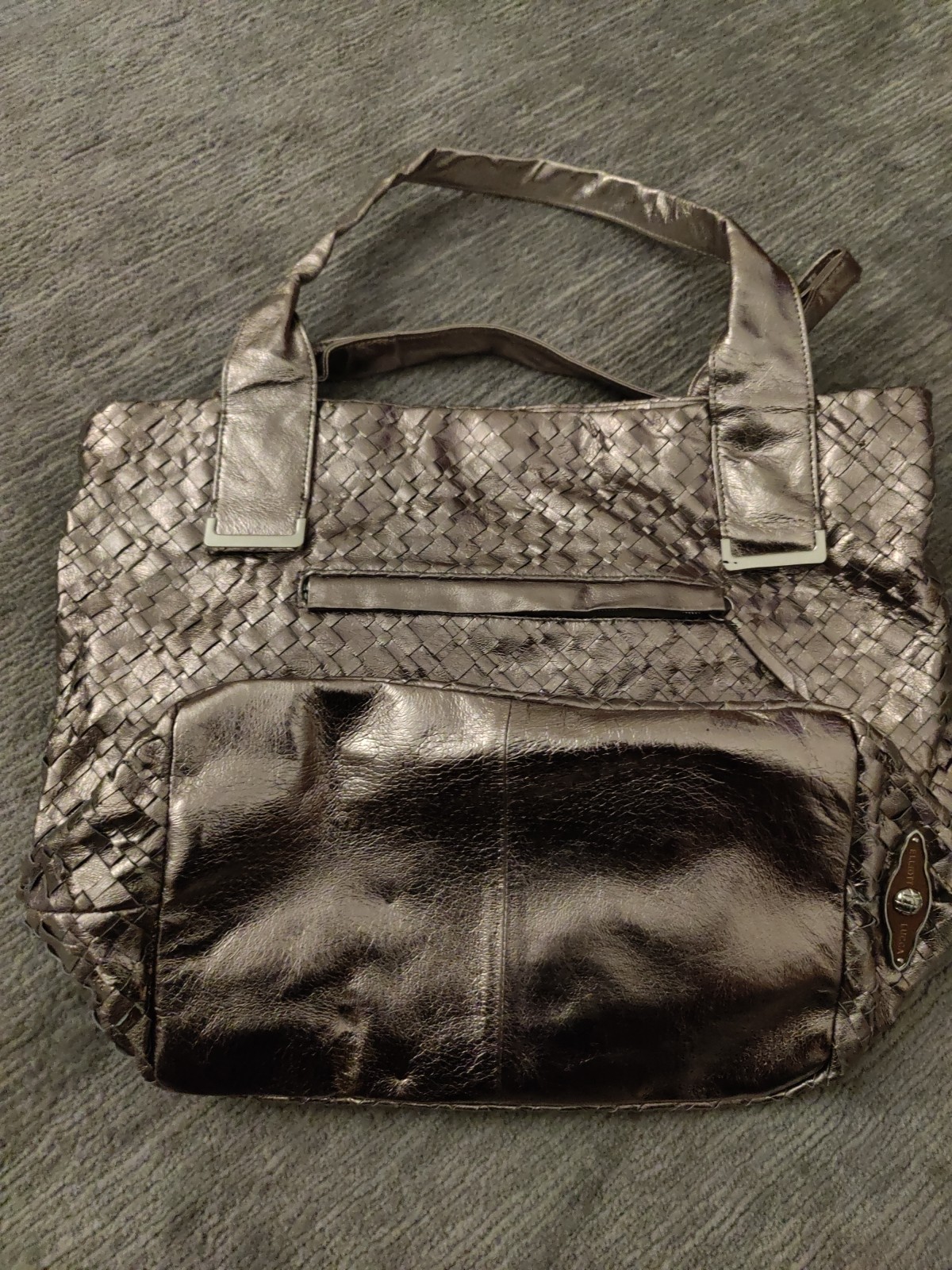 Elliott Lucca Metallic Leather Woven Handbag Tote Purse Champagne Gold Logo LG