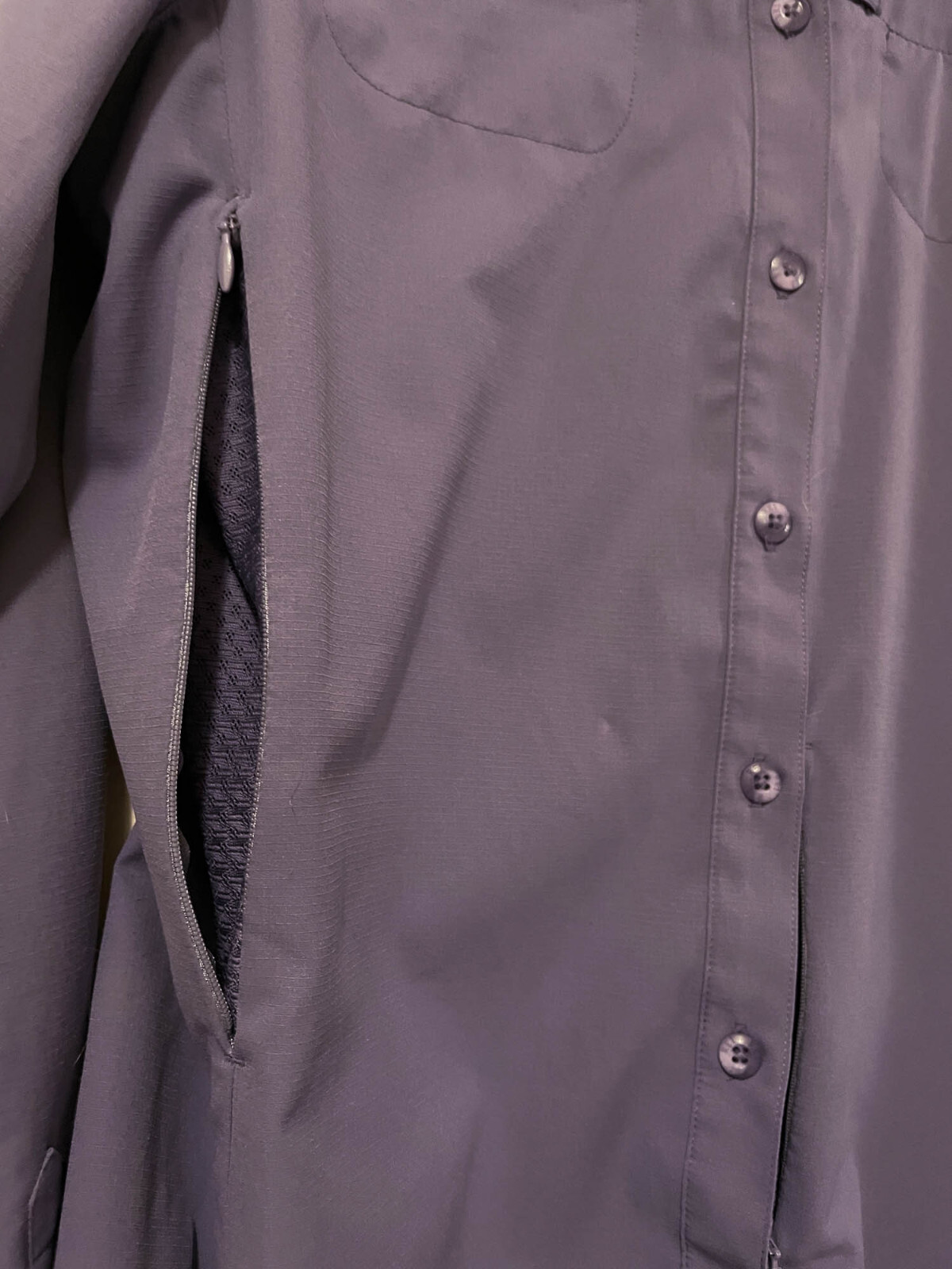 REI SAHARA SUN SHIRT, SMALL, PURPLE, LONG-SLEEVED, MANY HIDDEN ZIPPERS/FEATURES