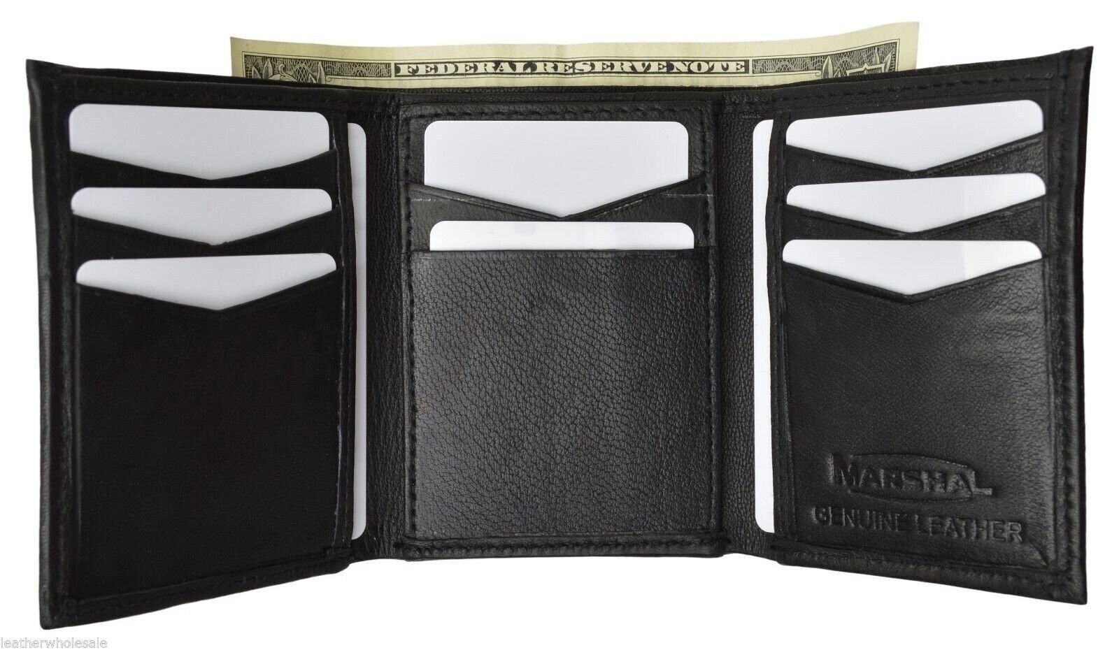 MARSHAL MEN’S GENUINE LEATHER 2 PHOTO HOLDER CREDIT CARD BLACK TRIFOLD WALLET