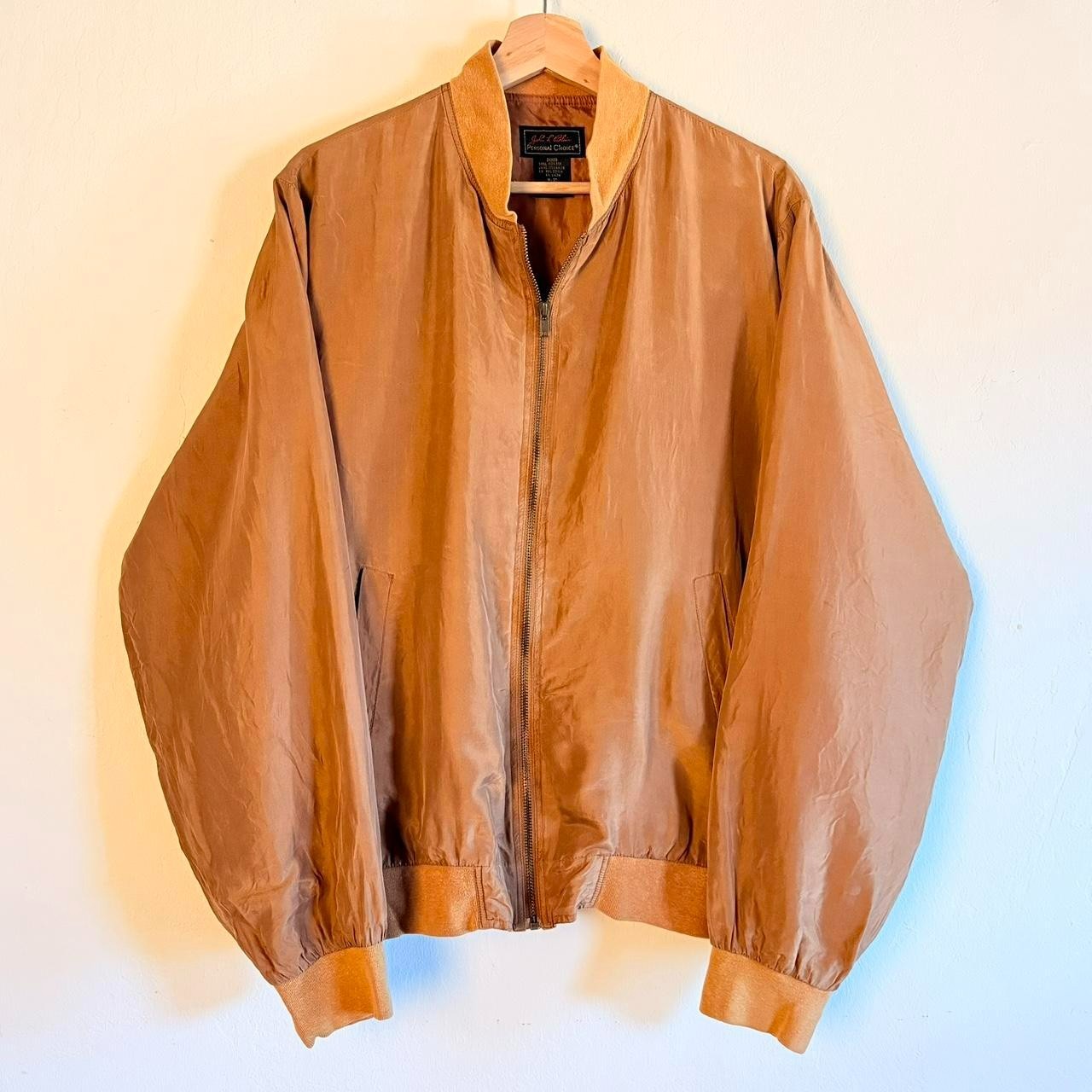 Vintage John R. Blair 100% Silk Bomber Jacket Men’s Medium Tan Taupe Zip Up 90s