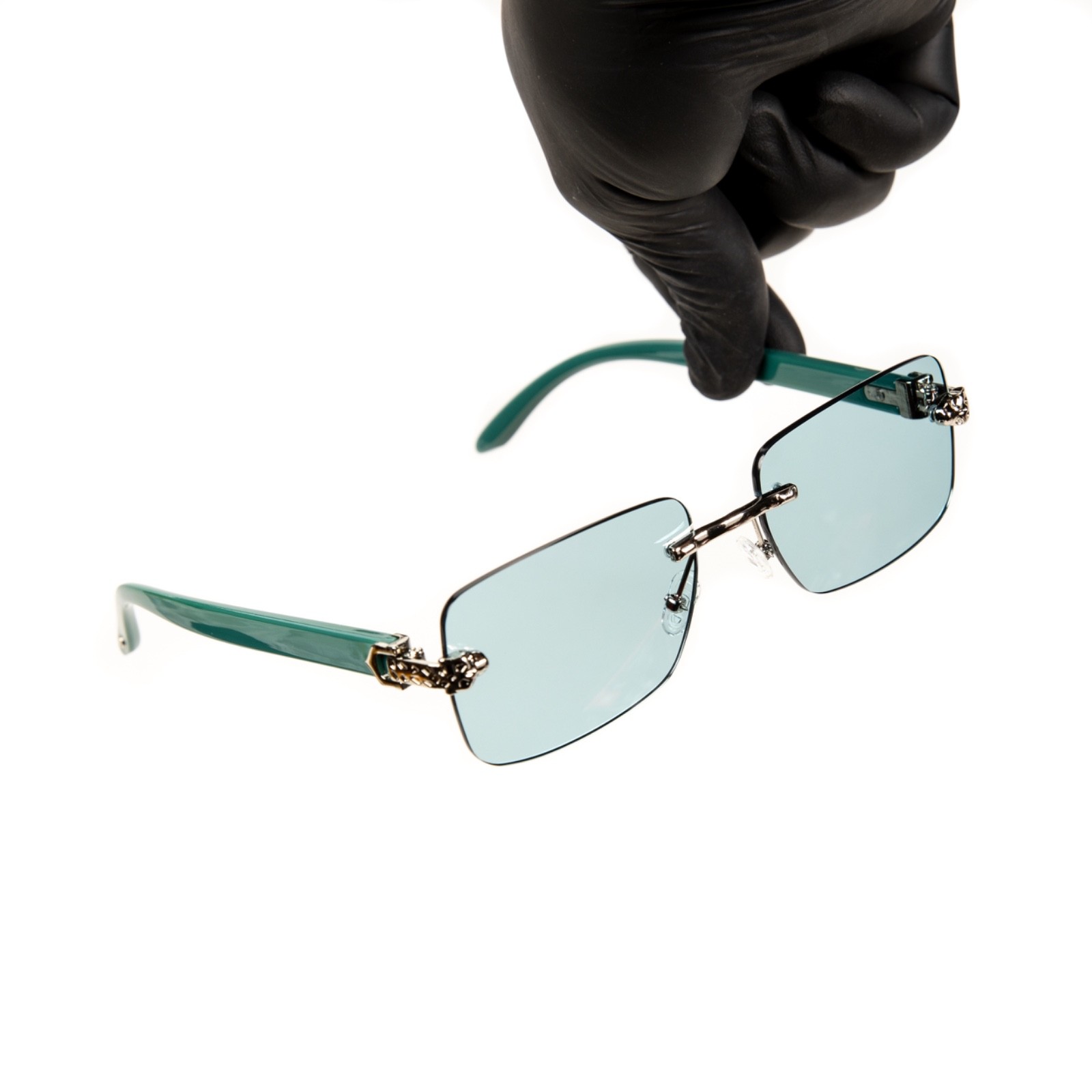 Mens Turquoise Tint Rimless Silver Frame Vintage Leopard Head Sunglasses