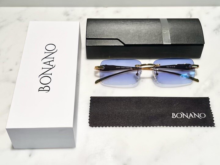 Bonano Glasses Sunglasses Panther Big C Diamond Cut Blue Lens Buffalo Horn Woods