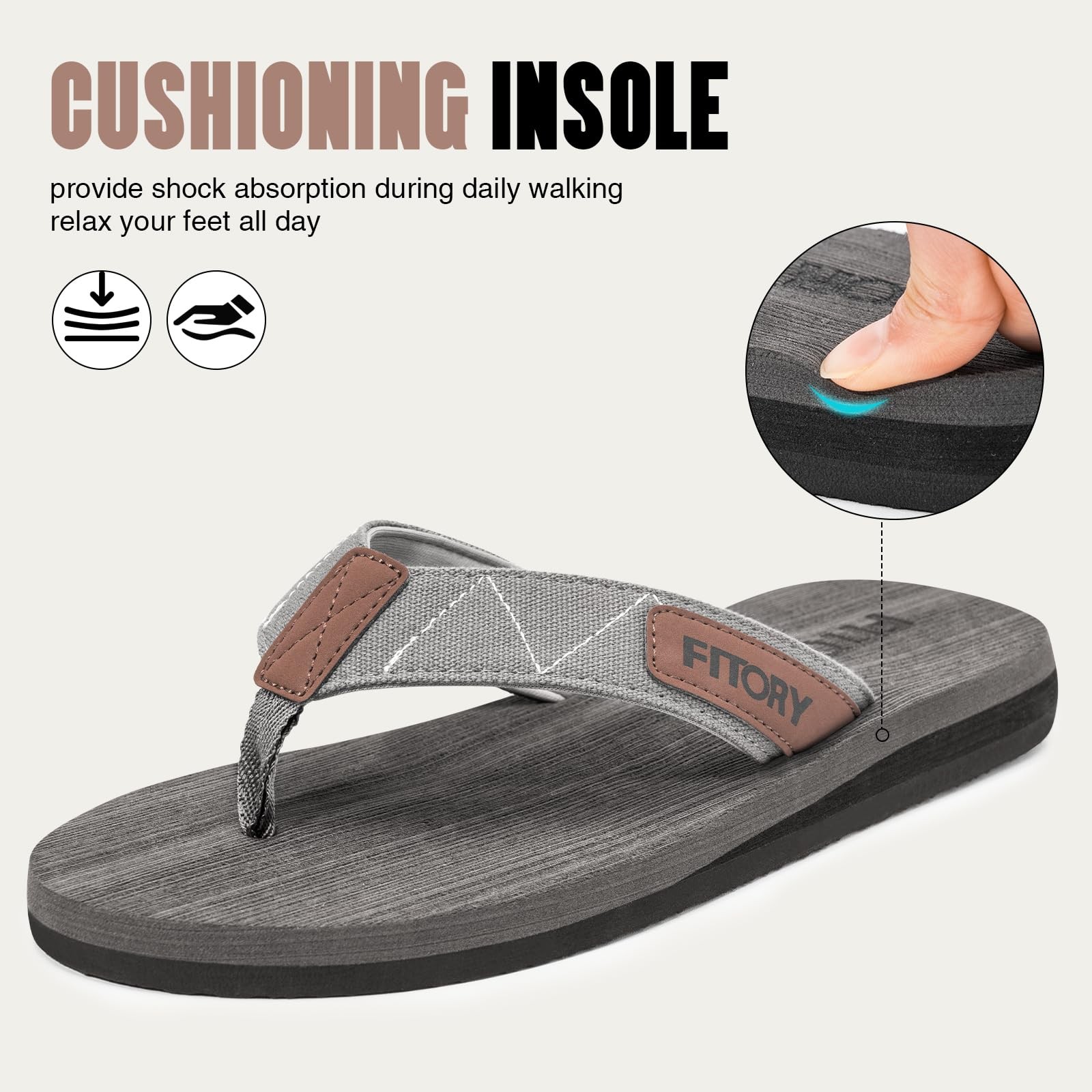 Men’s Flip-Flops, Thongs Sandals Comfort Slippers for Beach Gray Size 10
