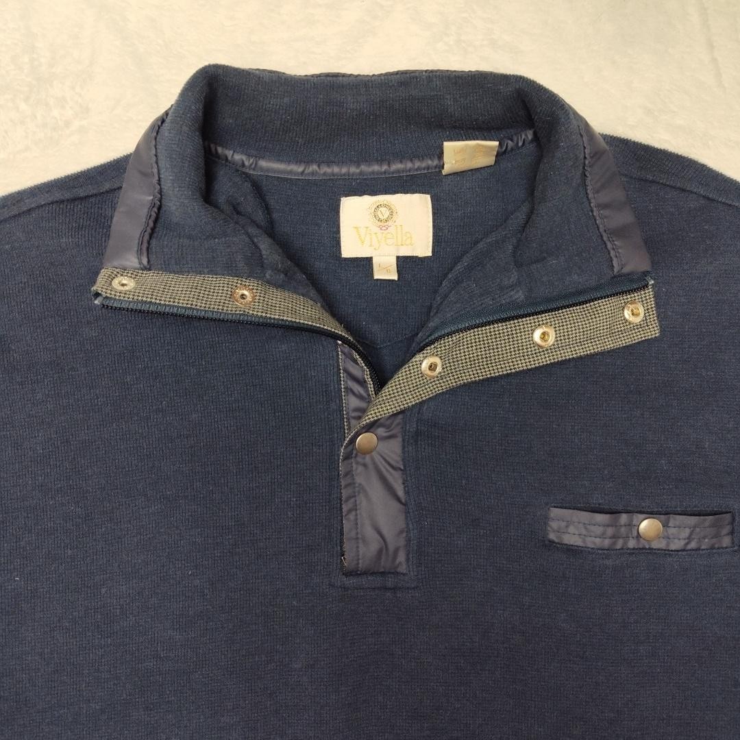 Viyella Pullover Mens L Blue Mock Neck Tight-Knit Pullover Long Sleeve Pockets