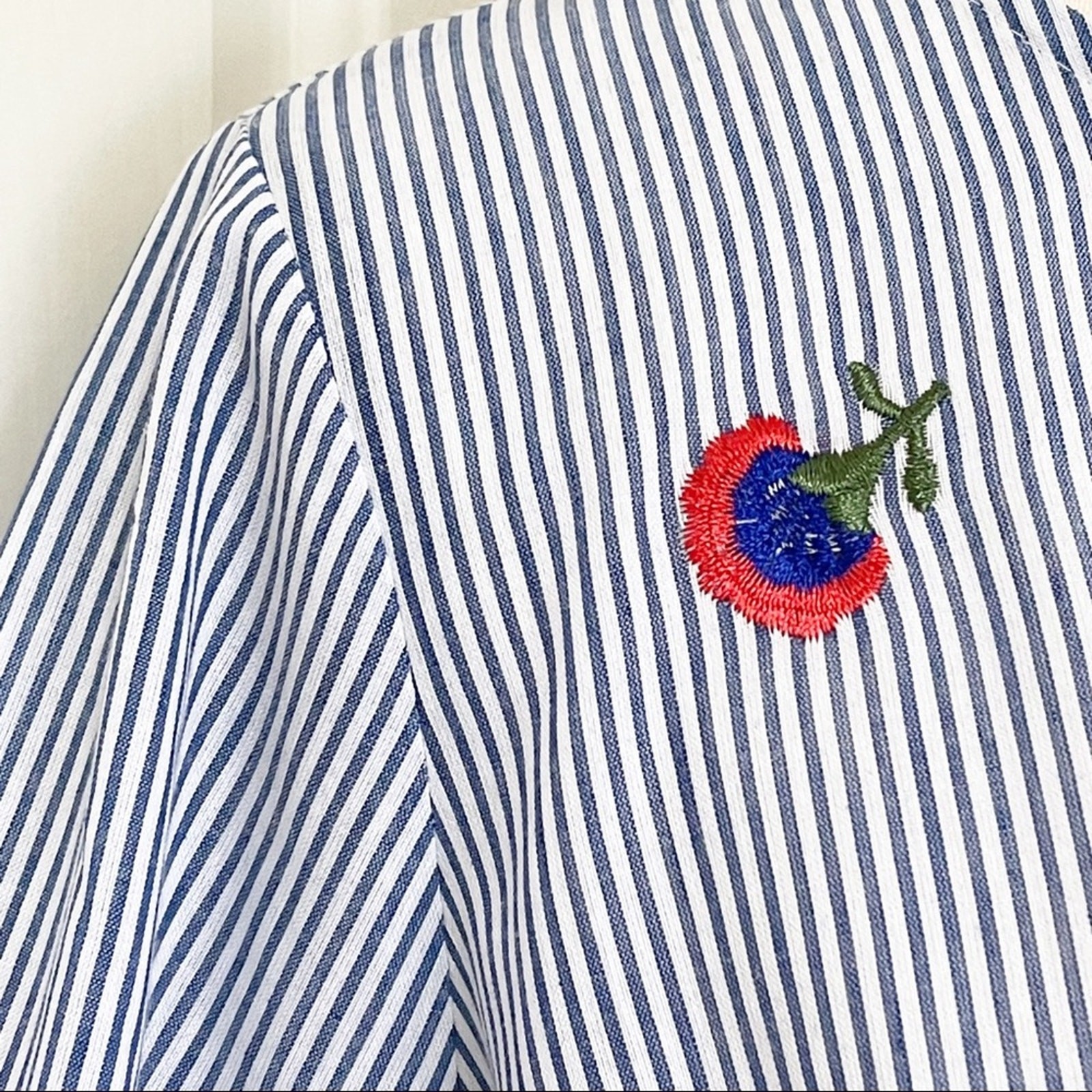Emma & Olivia Nautical Stripe Floral Embroidery Bell Sleeve Red/White/Blue Small