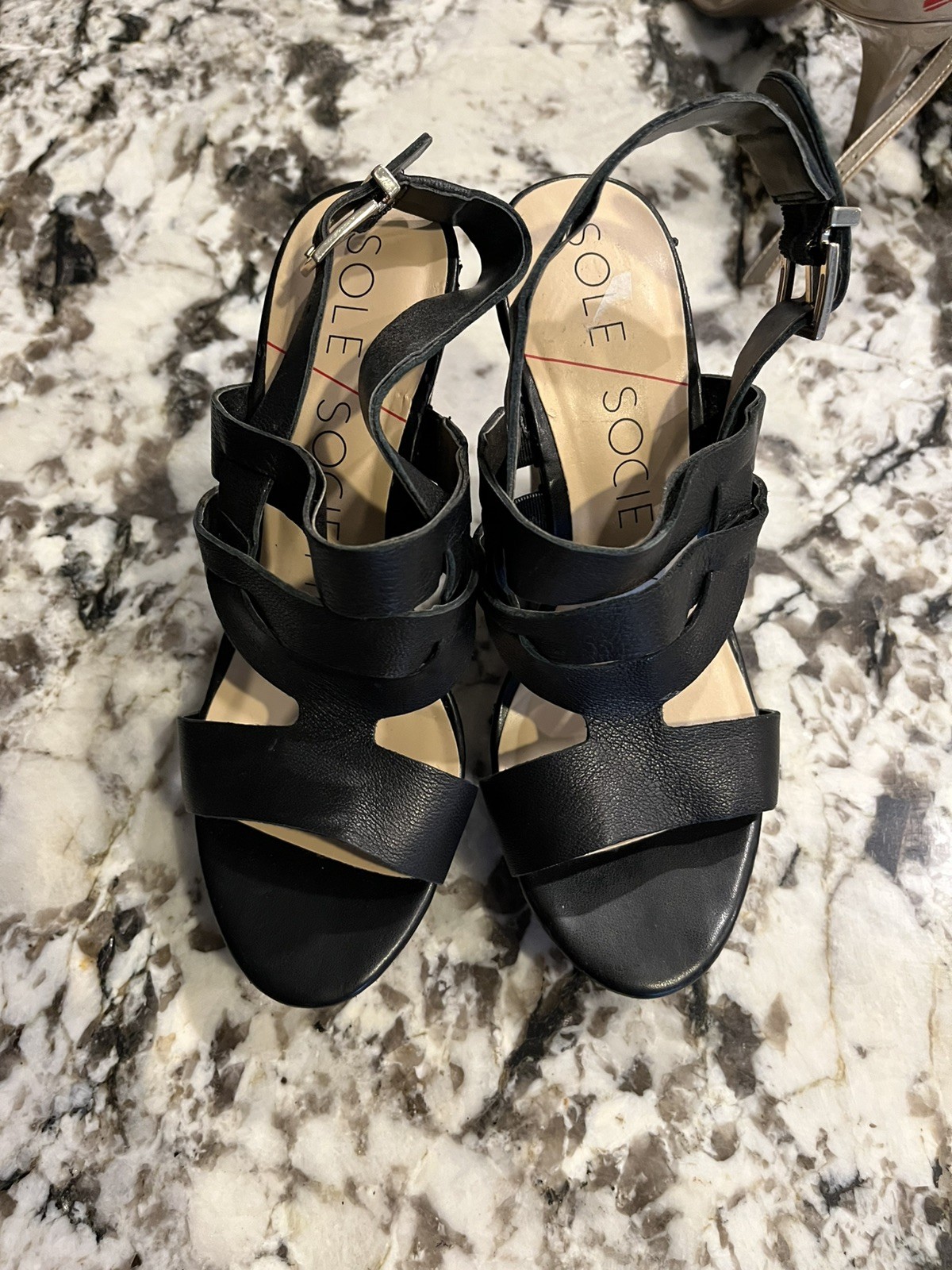 Sole Society Shoes Womens 6M India Black Leather Strappy Chunky Heels
