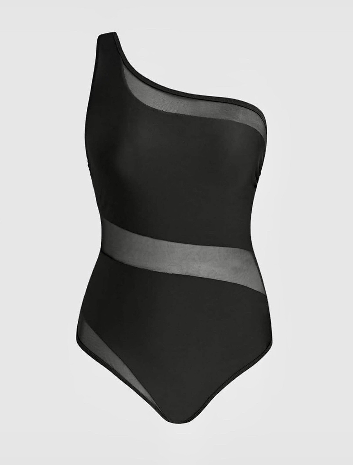 CUPSHE Black Solid One-Shoulder Mesh Cutout Lined One-Piece Swimsuit M C