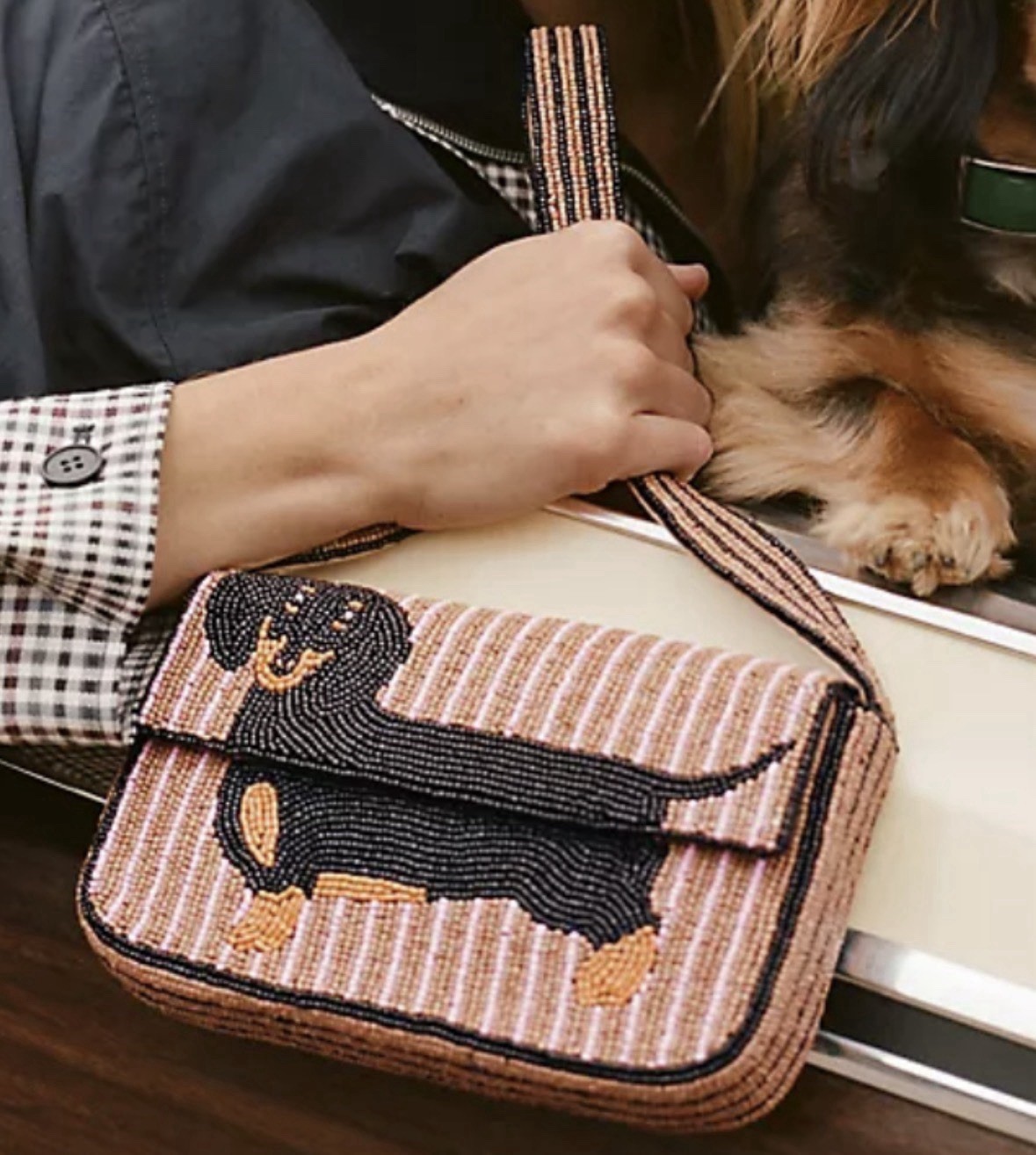 Anthropologie The Fiona Beaded Bag: Animal Edition Dog Striped Dachshund