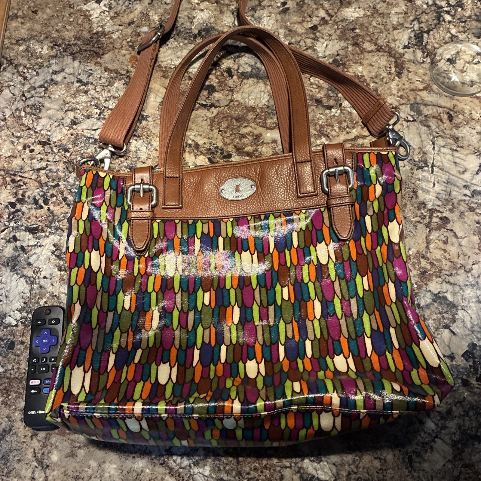 Fossil Key-Per Multicolor Stripe Coated Canvas Leather Shoulder Bag 13×11.5×4