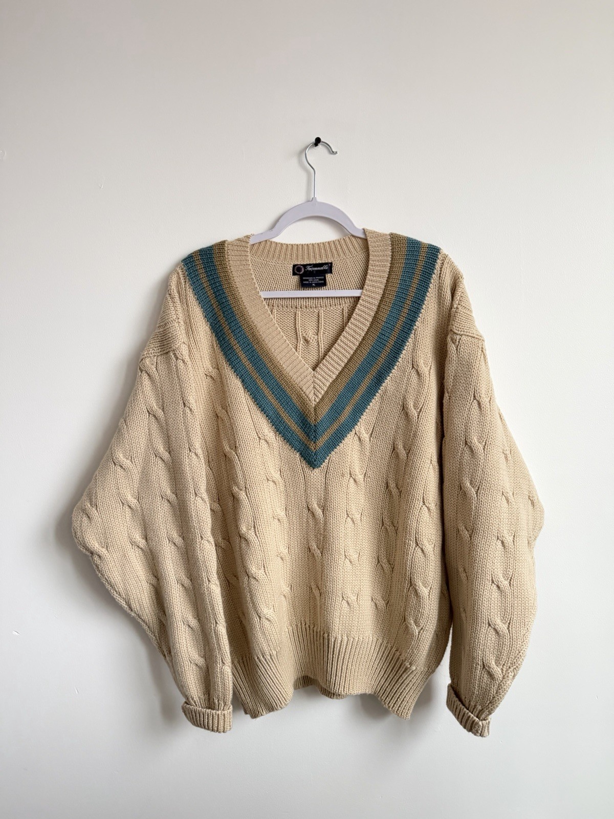 Faconnable Beige Blue Green Cable-Knit V-Neck Pullover Sweater XL Striped Trim