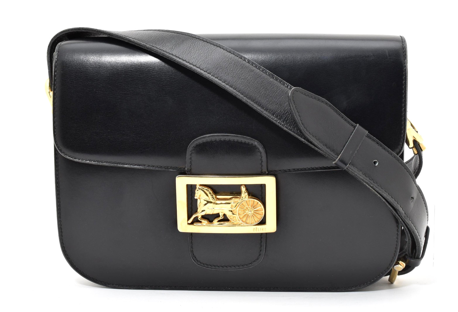 CELINE Horse Carriage Shoulder Bag Purse Black Leather Vintage Gold Authentic