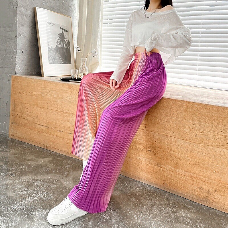 Lady Rainbow Gradient Faux Silk Pants Pleated Tie-Dye Wide-leg Trouser Drape Fit