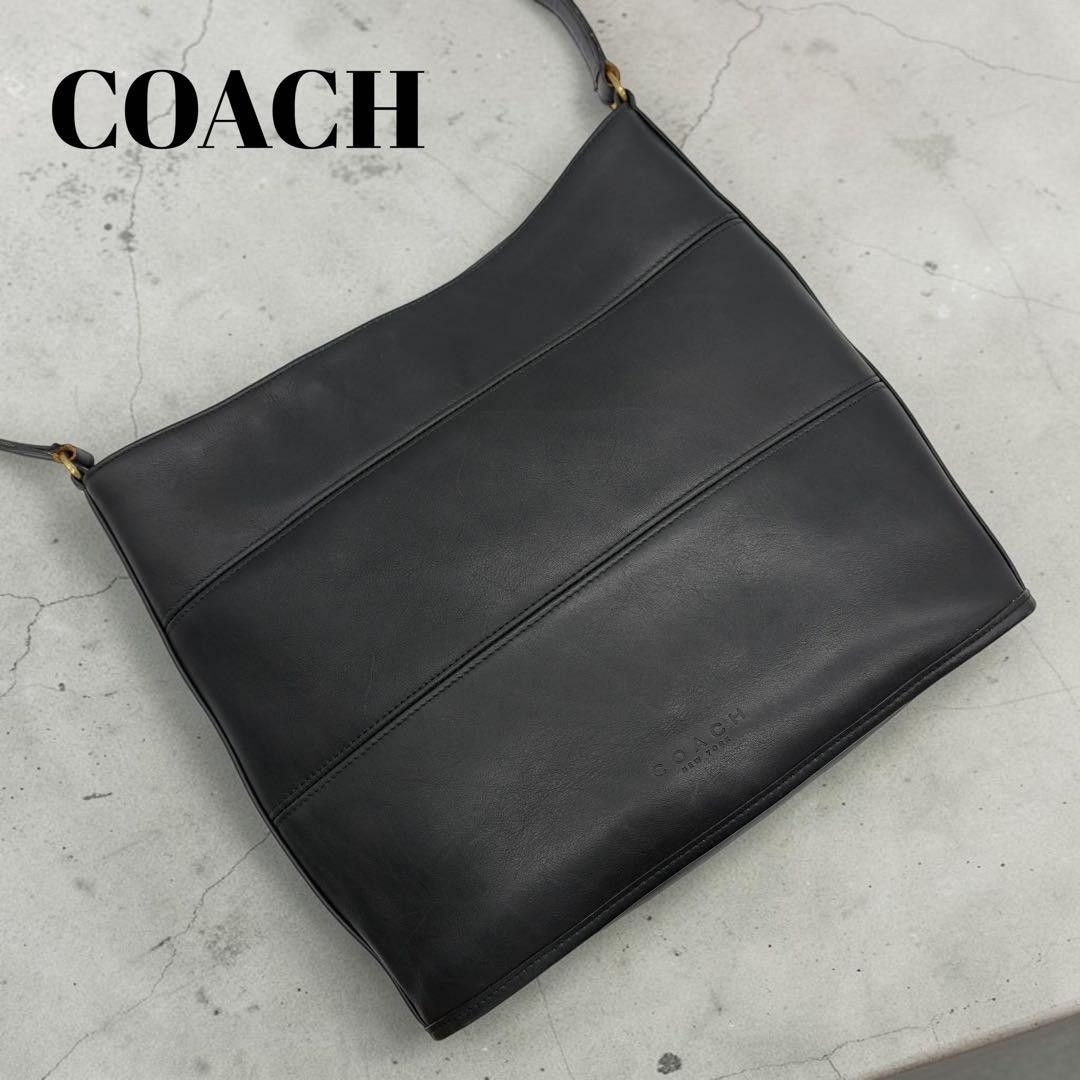 COACH Vintage Shoulder Bag Crossbody Tote Leather Black Gold 26cm x 31cm Unisex