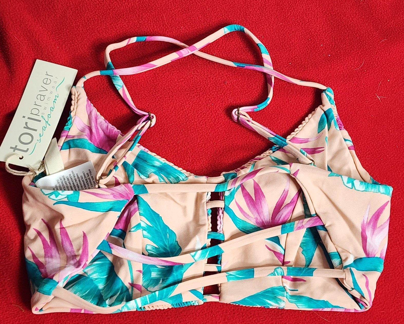Tori Praver Swimwear Nylon Span Lined Petal Pink Floral Bikini Top Size M