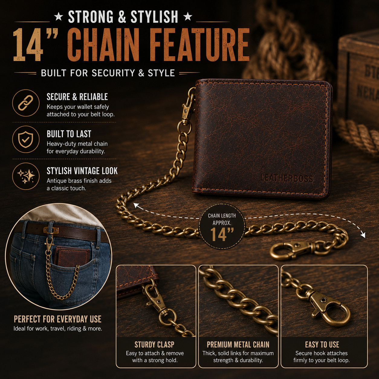 Men’s Genuine Hunter Leather Biker Long Chain Wallet with RFID Blocking Bifold