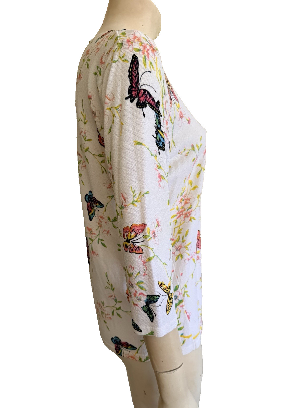 NWT JOSEPH A. Sweater Top White Butterfly Floral Print Viscose 3/4 Sleeve XL