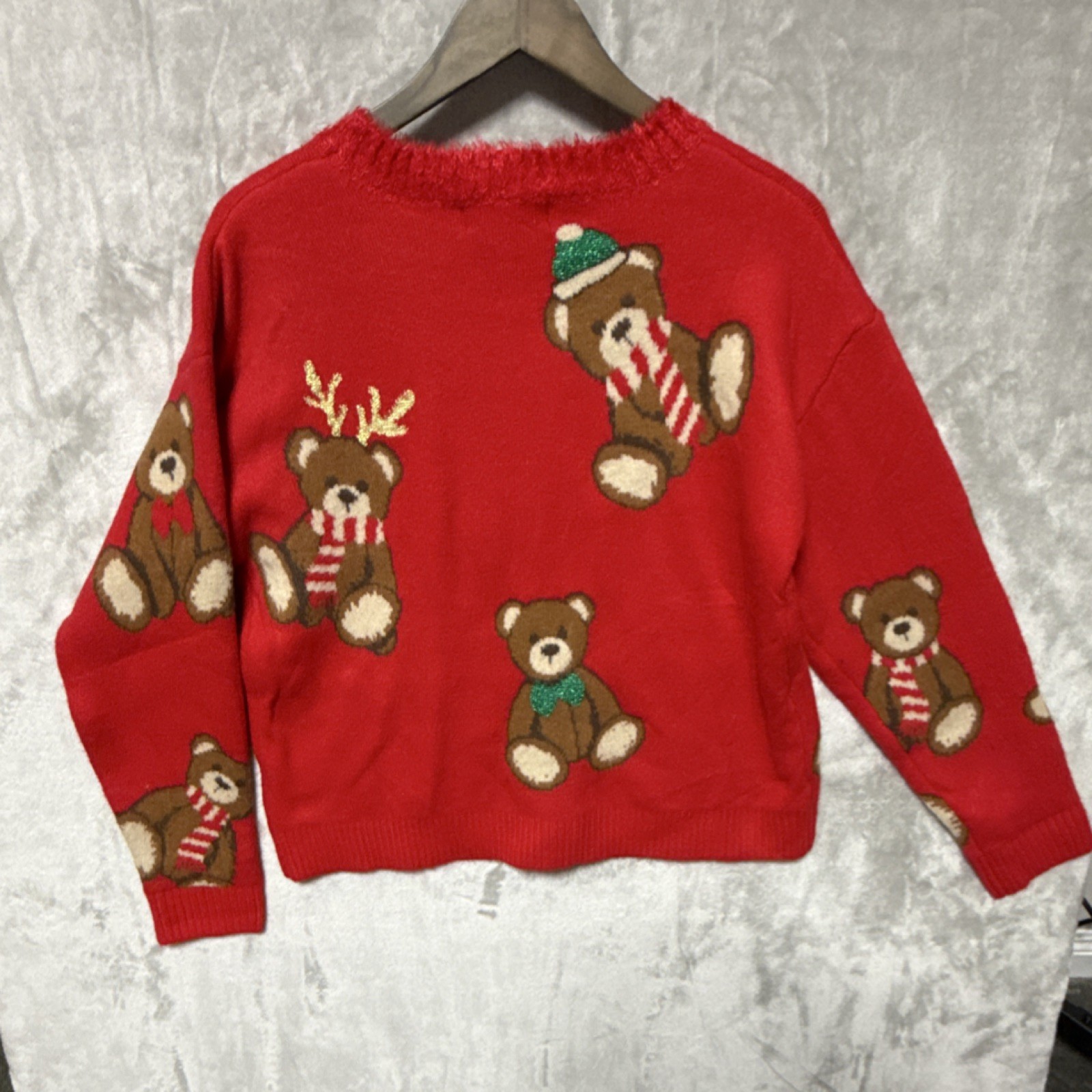 33 Degrees Red Knit Teddy Bear Sequin Pullover Sweater Acrylic Women’s Size S