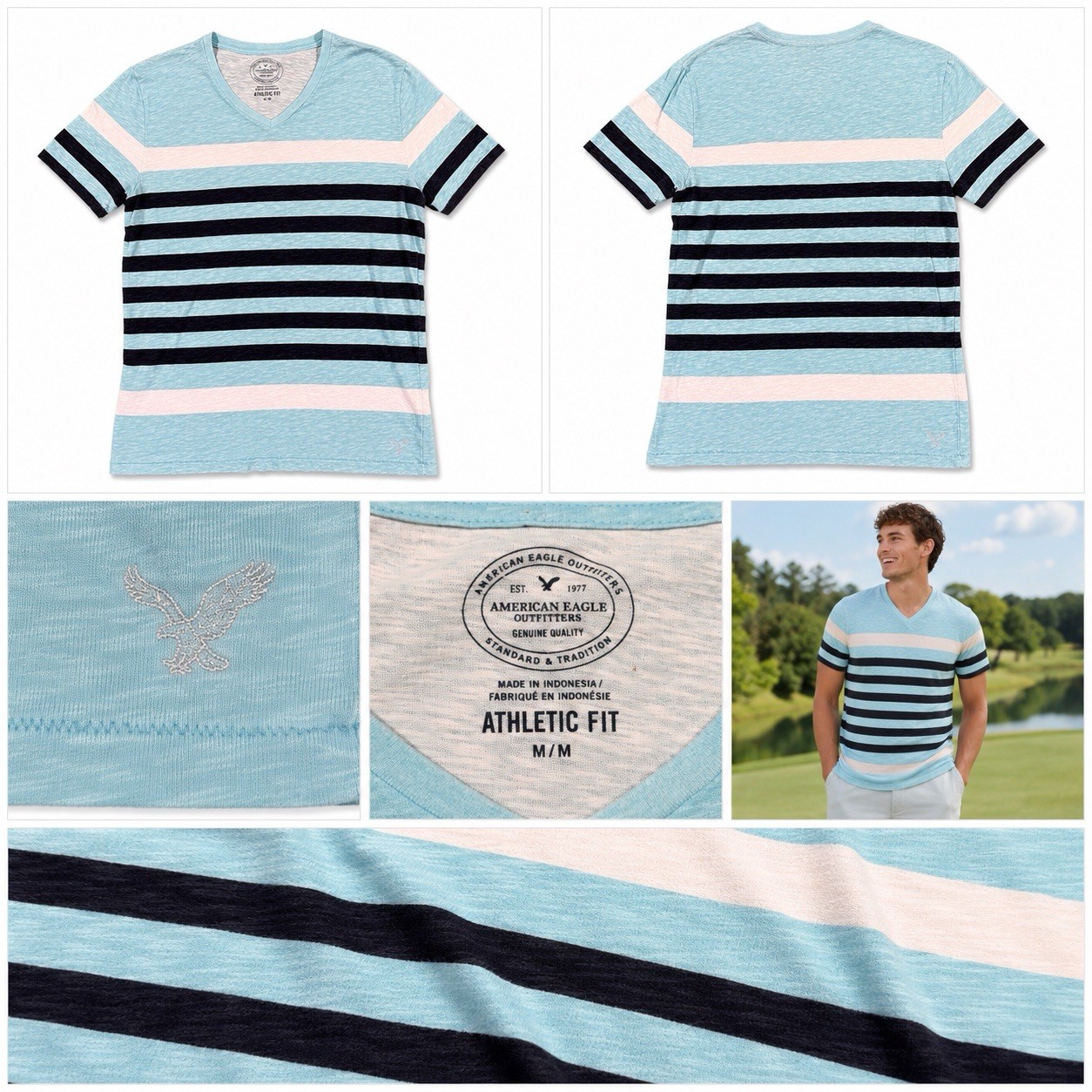 American Eagle Outfitters Mens Athletic Fit Striped V-Neck Tee M Blue/Black