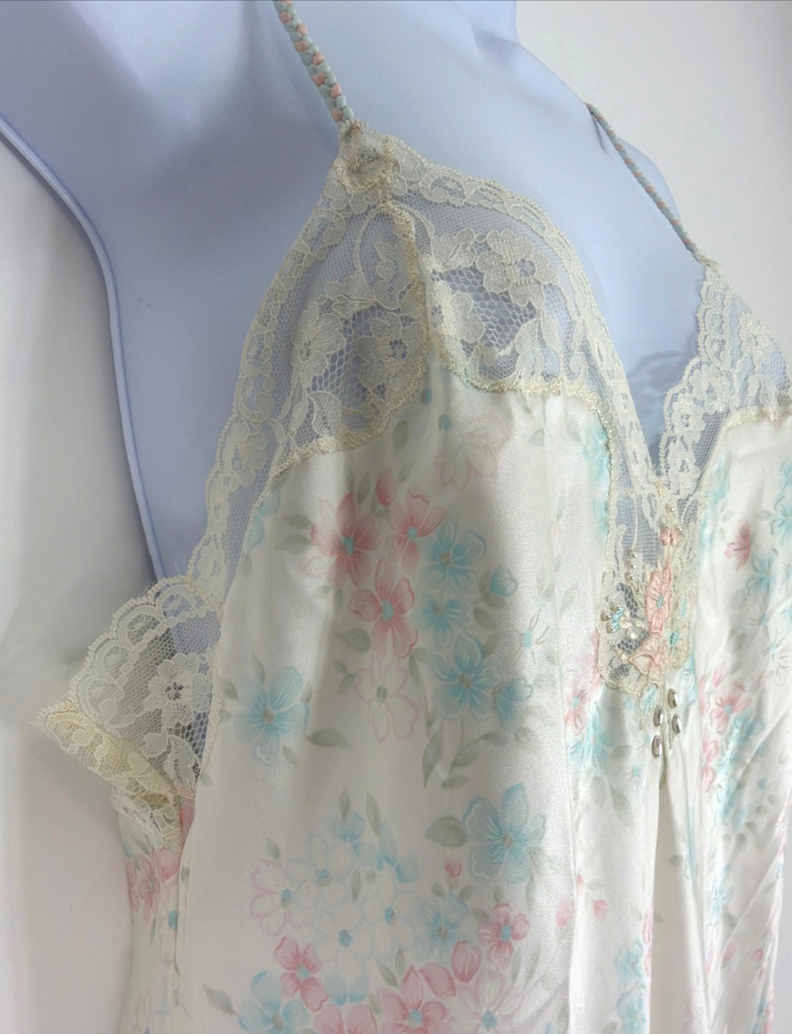 VTG Sara Beth Satin Poly Nightgown Robe Set Pink/Blue Floral Lace Bridal Small