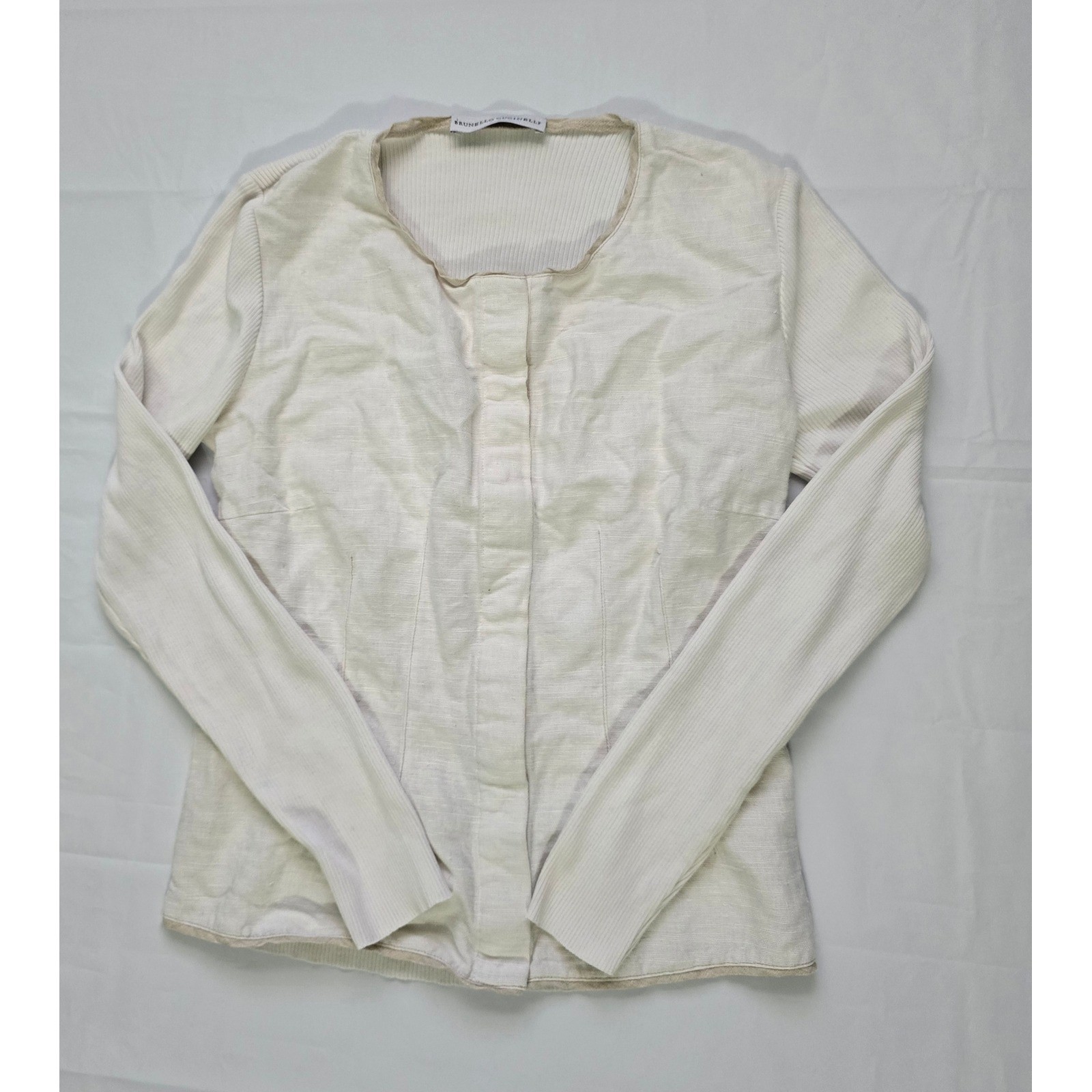 Brunello Cucinelli Cream Mixed Media Hook Eye Front Long S Top Small Cotton&Silk