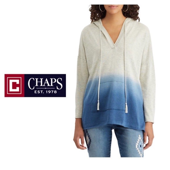 New Chaps Womens Blue Ombre Hooded Knit Pullover Kangaroo Pocket Hoodie Sz S