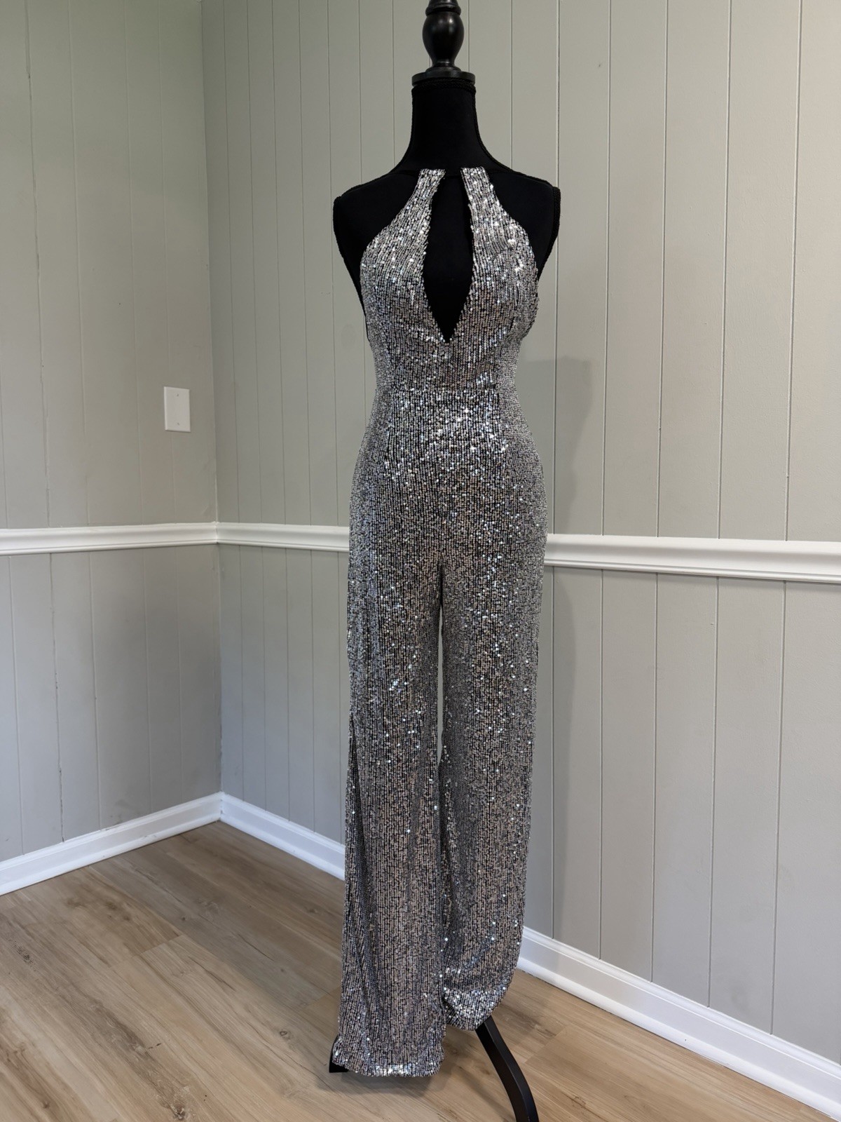 AKIRA Silver Sequin Halter Jumpsuit XS New With Tags Straight Leg Party Clubwear