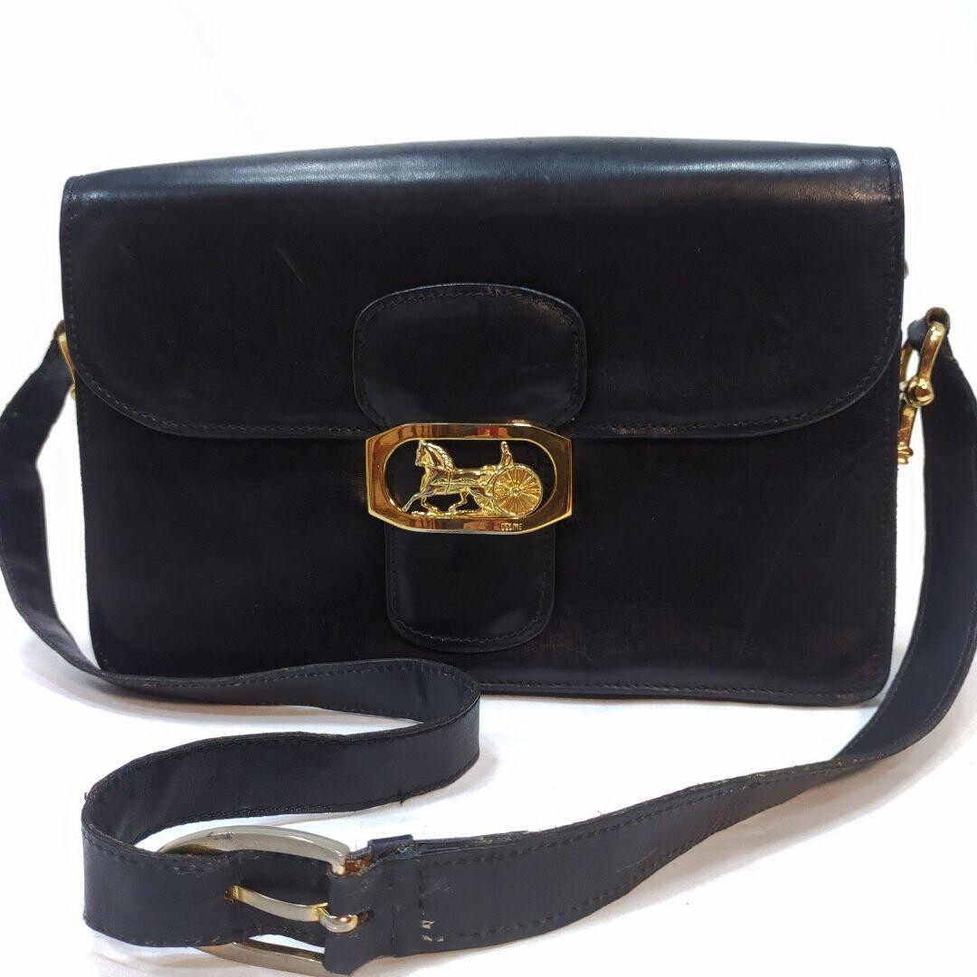 CELINE Shoulder bag Leather Horse carriage hardware Black Vintage From Japan