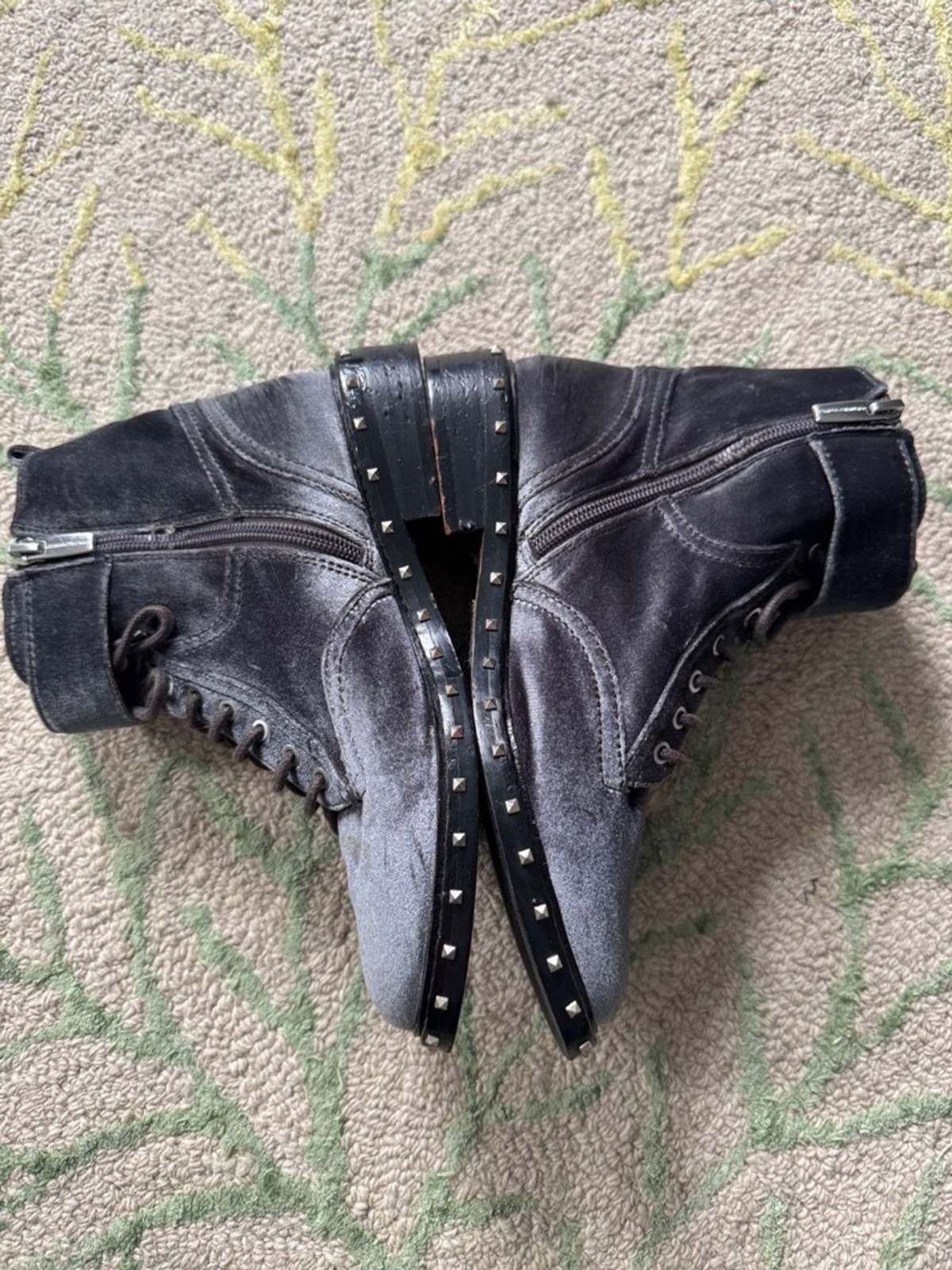 Vince Camuto Talorini studded velvet combat boots in a grey or “granite” 6