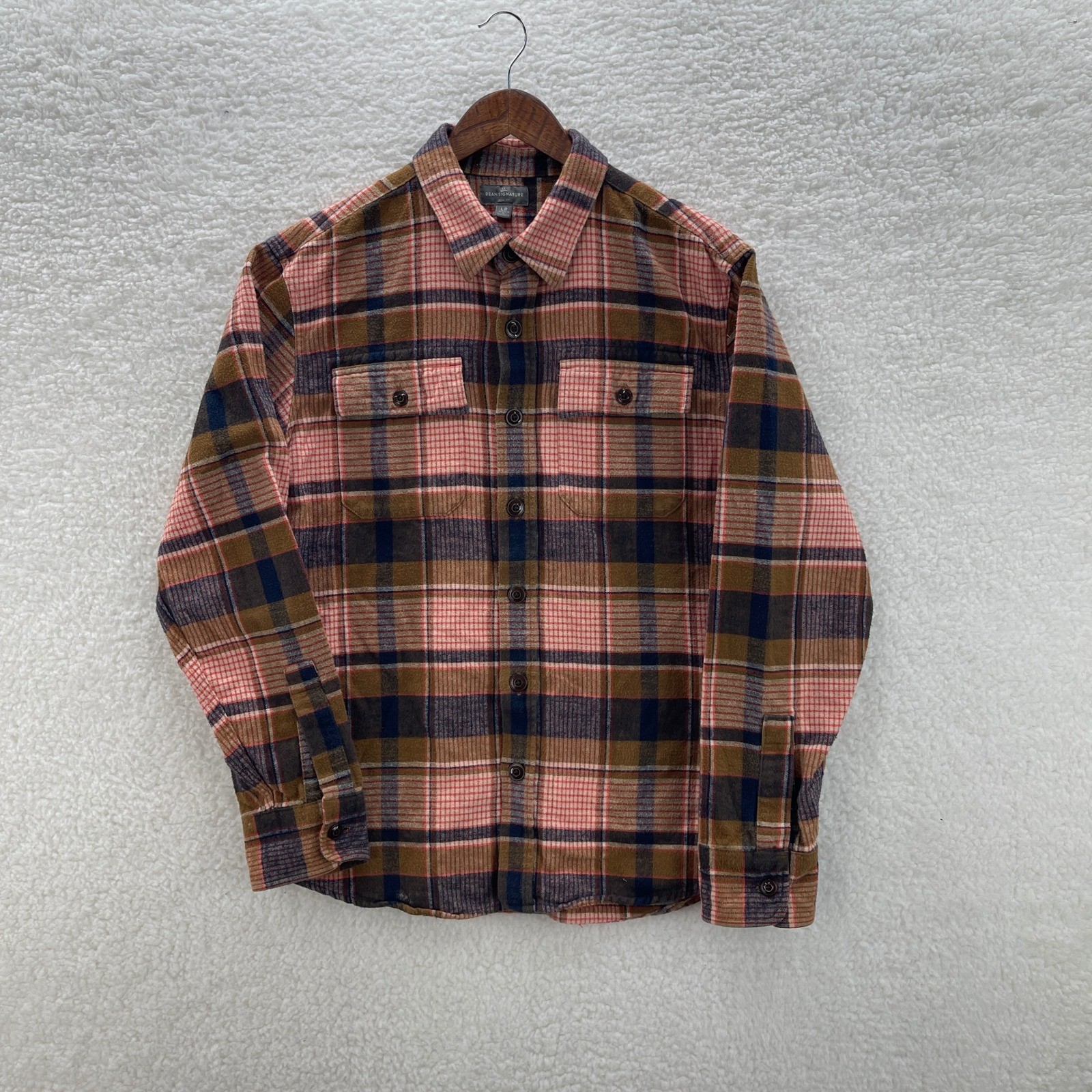 LL Bean Signature Shirt Mens Large Slim Brown Red Chamois Plaid Outdoor Heritage