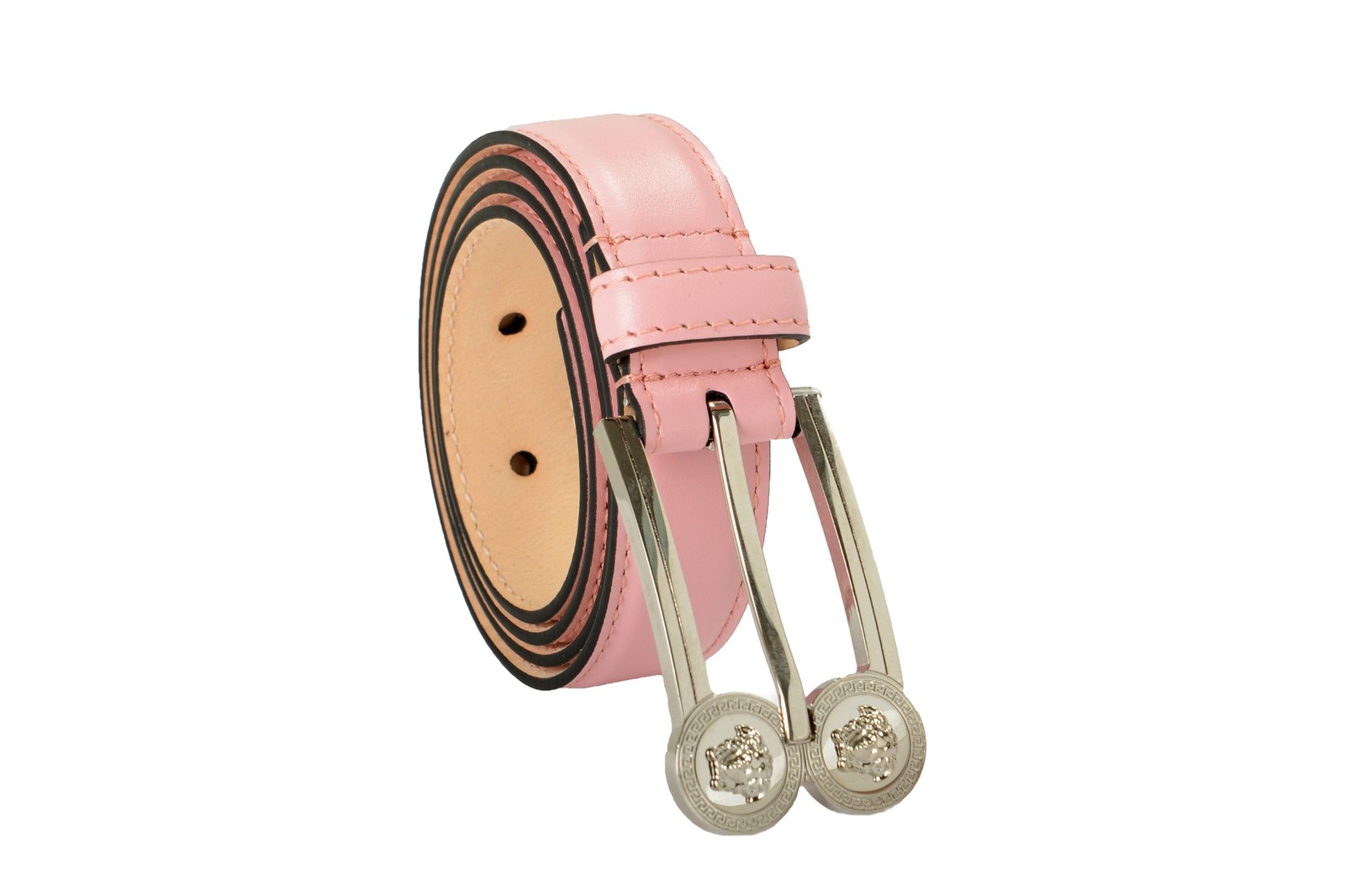 Versace Pink 100% Leather Silver Medusa Heads Logo Decorated Belt US 30 IT 75