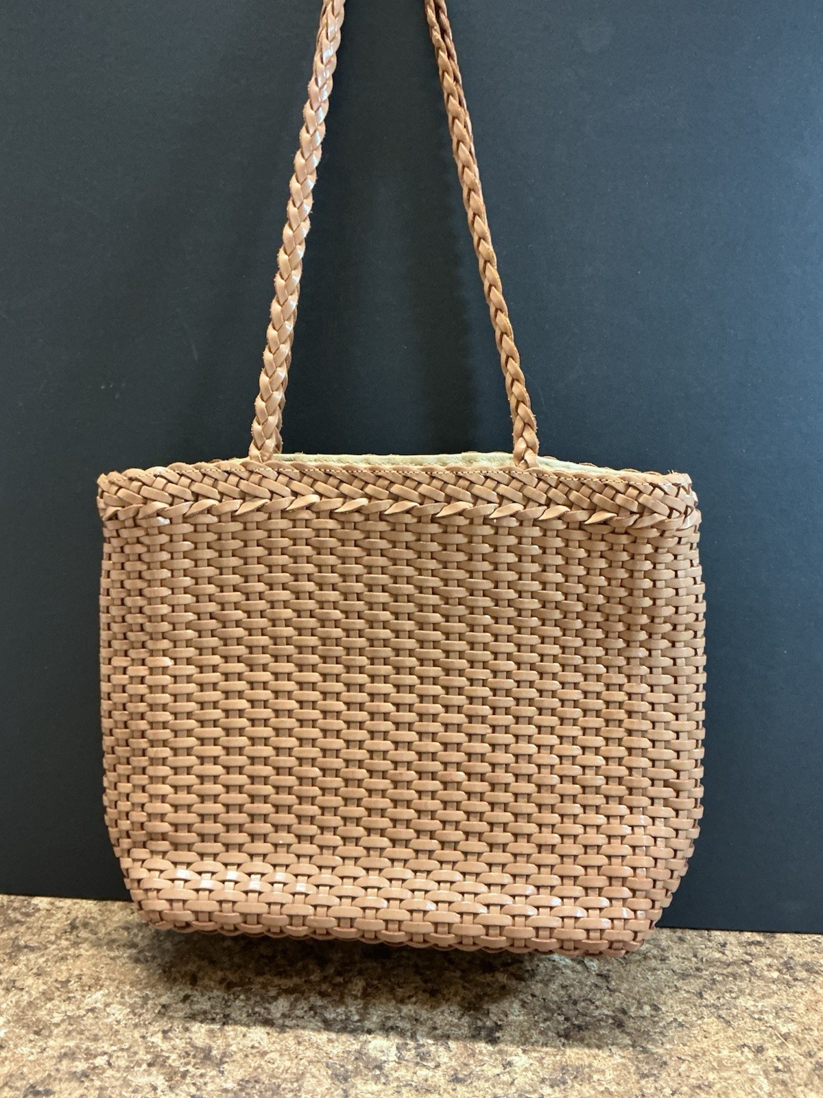 Falor Le Bores Woven Leather Bag Tote Purse Tan Brown Braided Italy Quiet Luxury