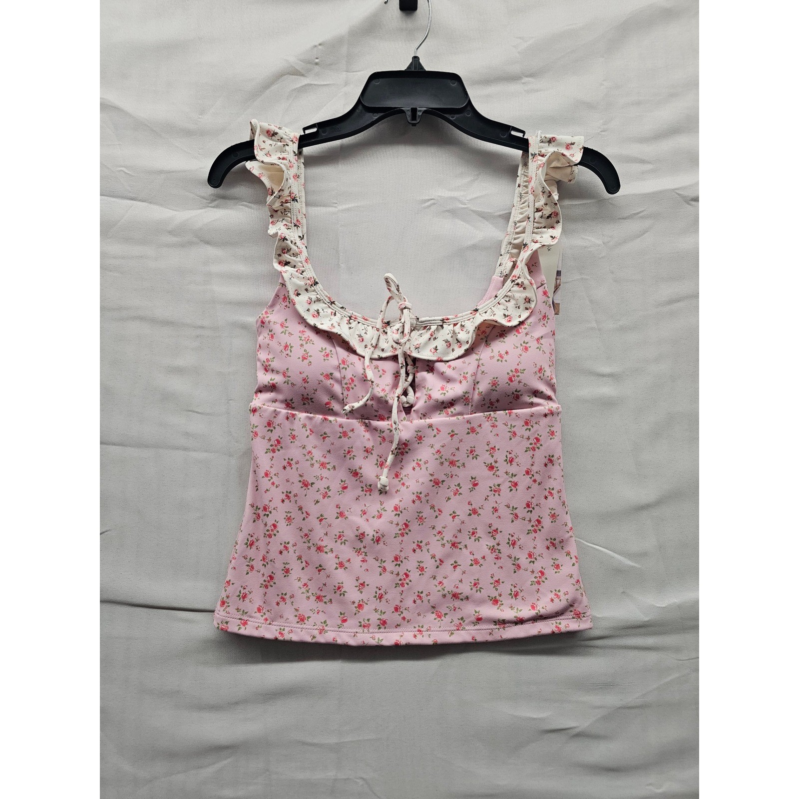 Blogilates Ruffle Lace Up Tank Pink Floral Print Activewear Top XS 214202055