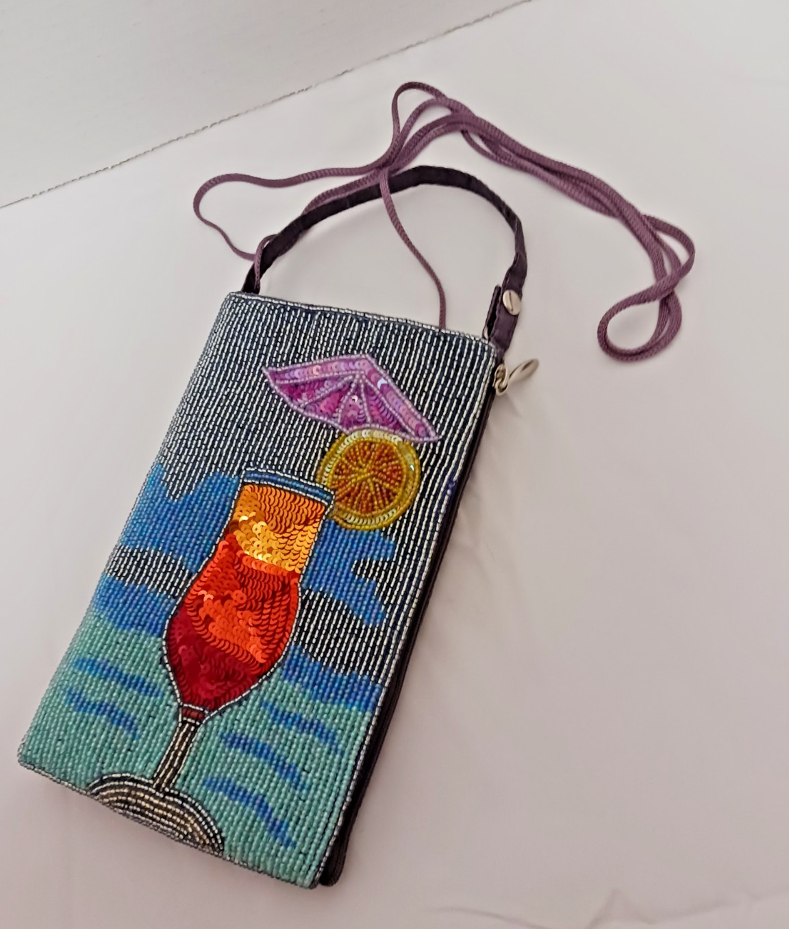 Bamboo Trading Co Tropical Drink Print Beaded Crossbody Wristlet Sling Club Bag