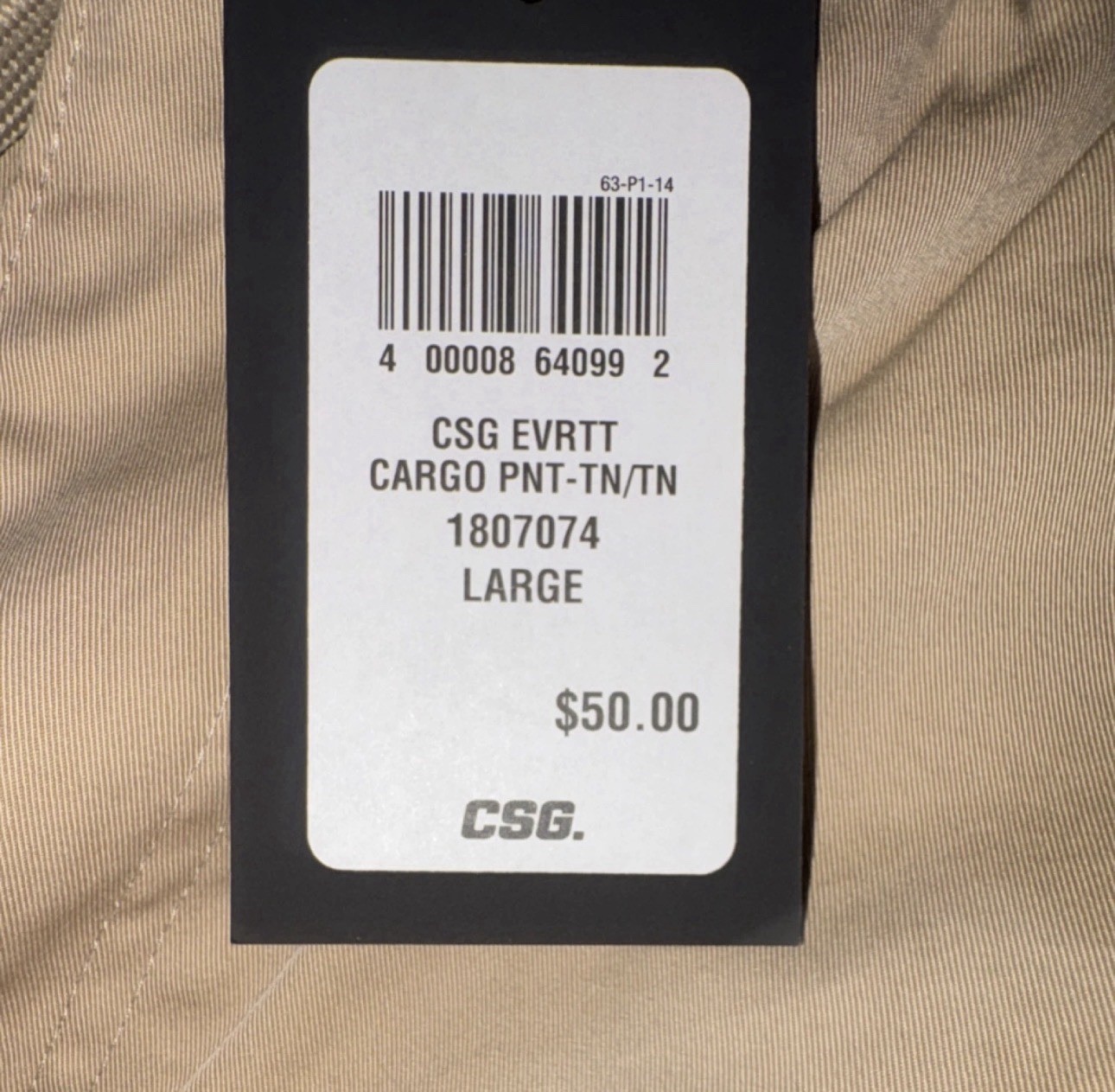 CSG Men’s Beige Cargo Pants L Regular Standard Fit Tapered Elastic SALE!