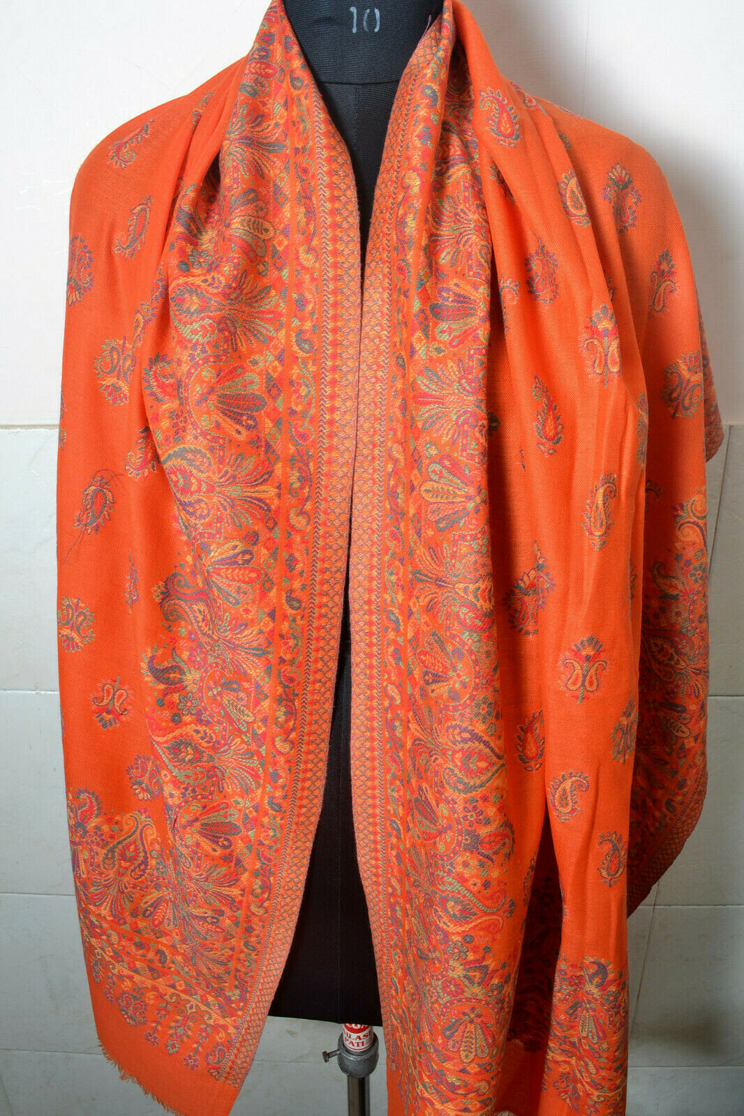 Orange KANI WEAVE Jamawar Stole Wool Blend Pashmina Jamavar Paisely