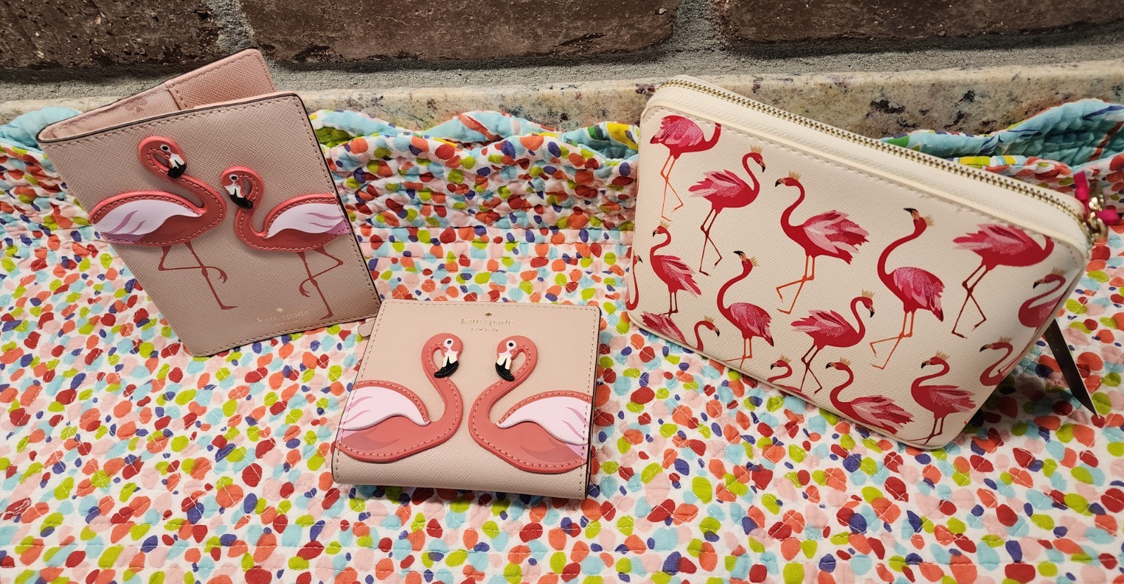 Kate Spade Flamingo Bifold Wallet, Passport Holder & Sara Miller Makeup Bag NEW