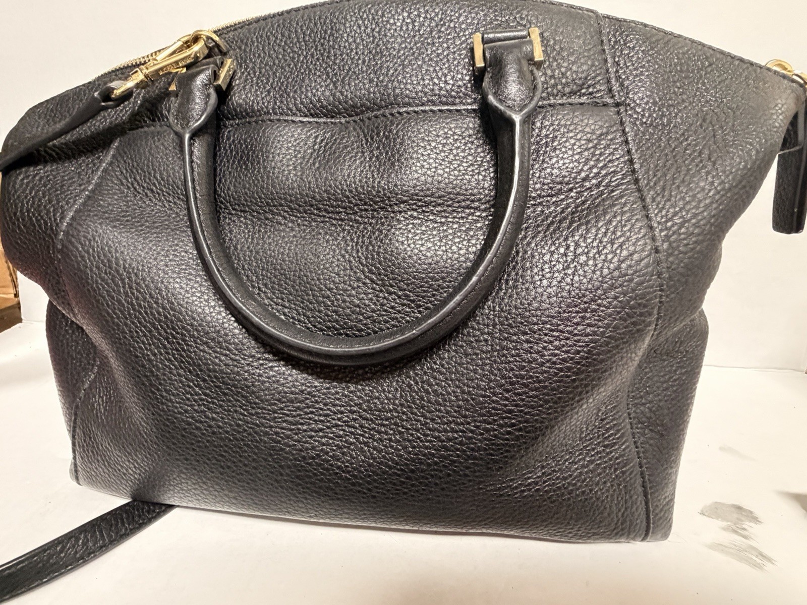Michael Kors Black Pebbled Satchel Top Handle, Detachable Strap, Gold Hardware