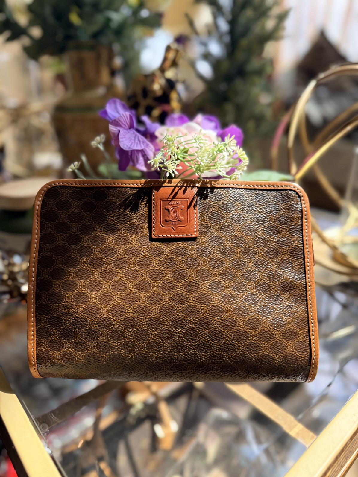 Vintage Celine Macadam Zip Clutch Brown Canvas Leather