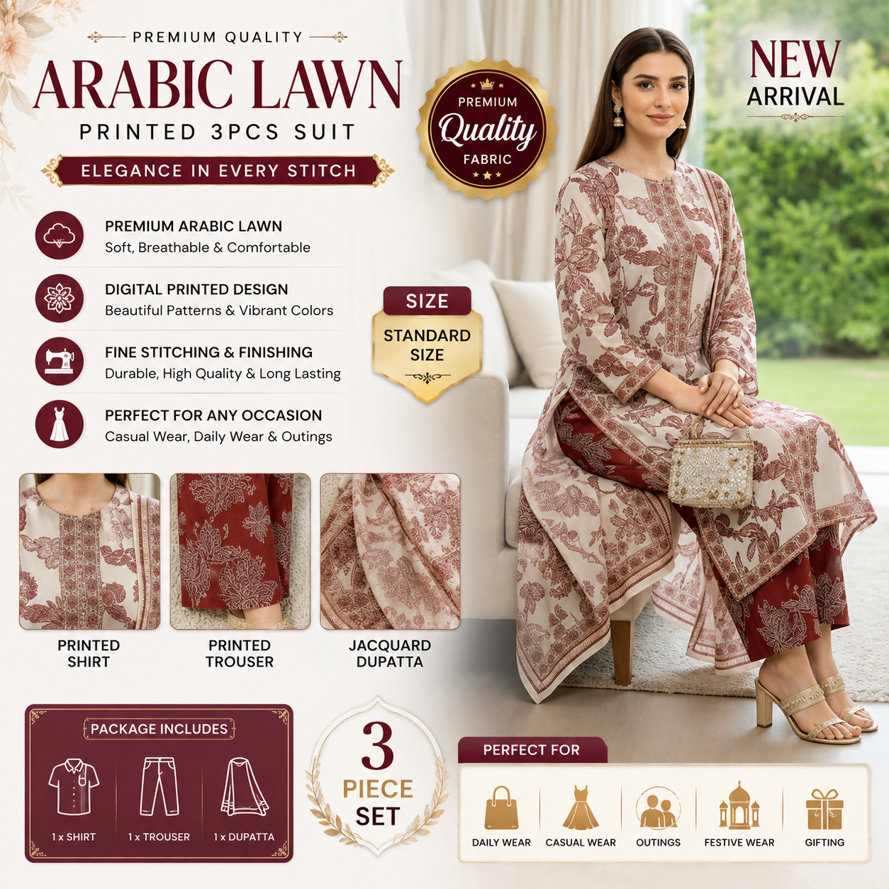 Arabic Lawn Printed 3Pcs Multicolor Stitched Suit For Pakistani & Indian ladies